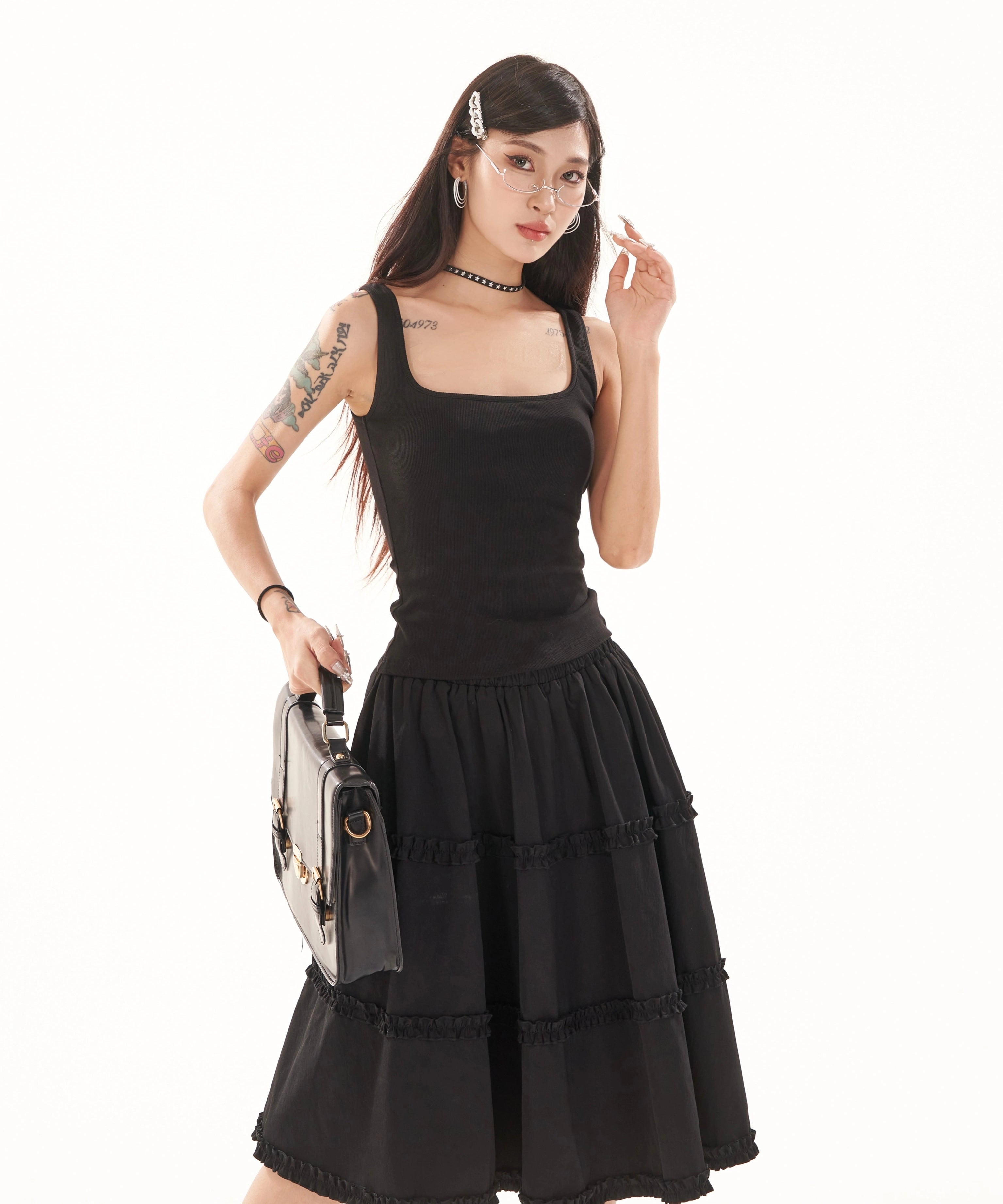 野生zero 白黑色松紧腰荷叶边半身裙女夏a字宽松显瘦中长蛋糕裙子