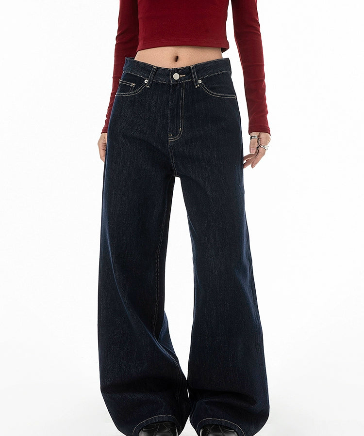 ICH MODE 美式复古丹宁蓝牛仔裤女秋冬宽松直筒裤休闲运动阔腿裤