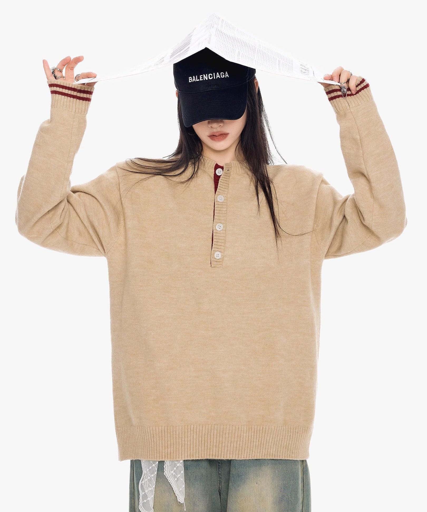 ICH MODE 美式复古亨利领毛衣女秋冬慵懒高级感毛针织衫长袖上衣