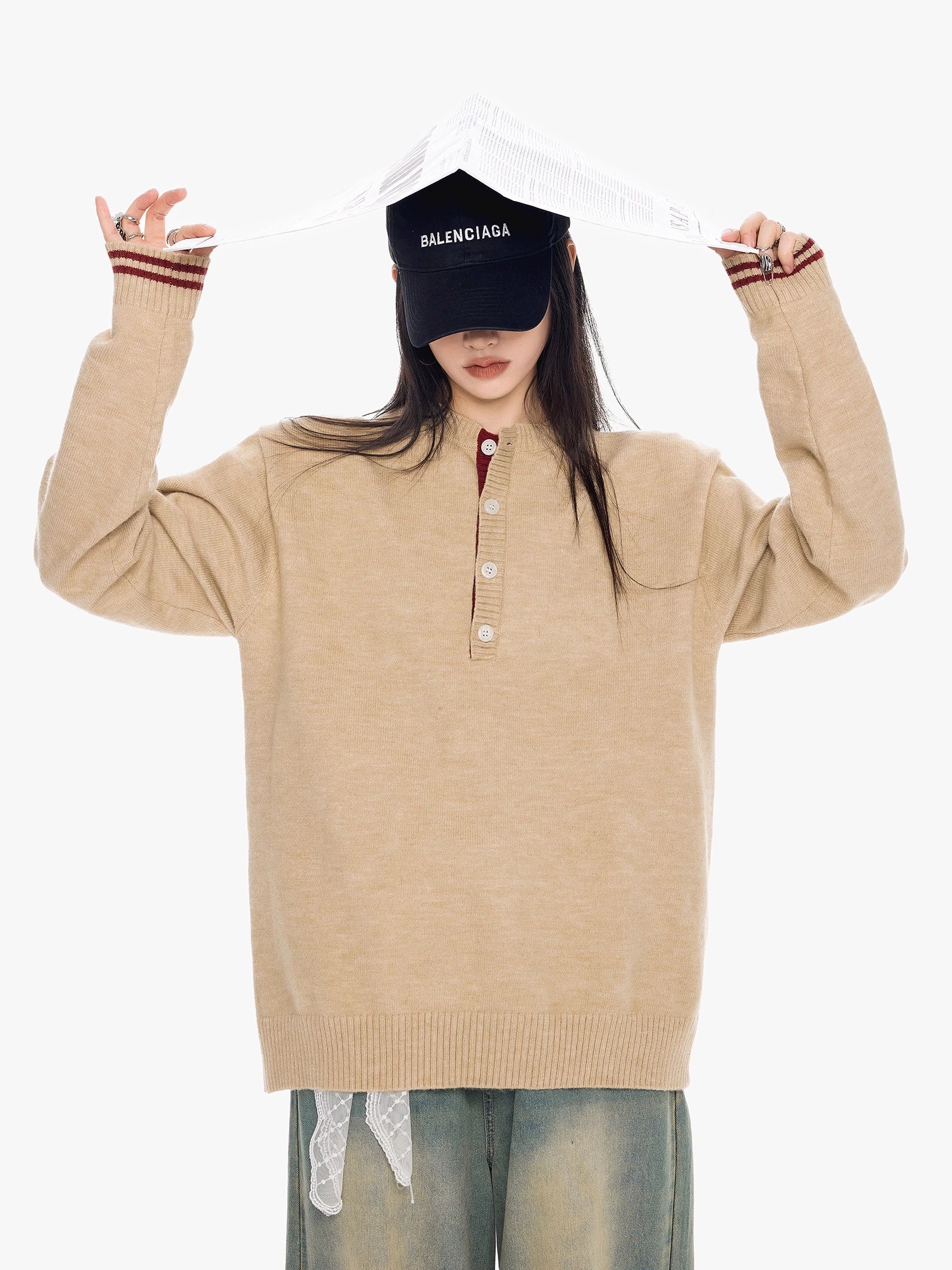 ICH MODE 美式复古亨利领毛衣女秋冬慵懒高级感毛针织衫长袖上衣