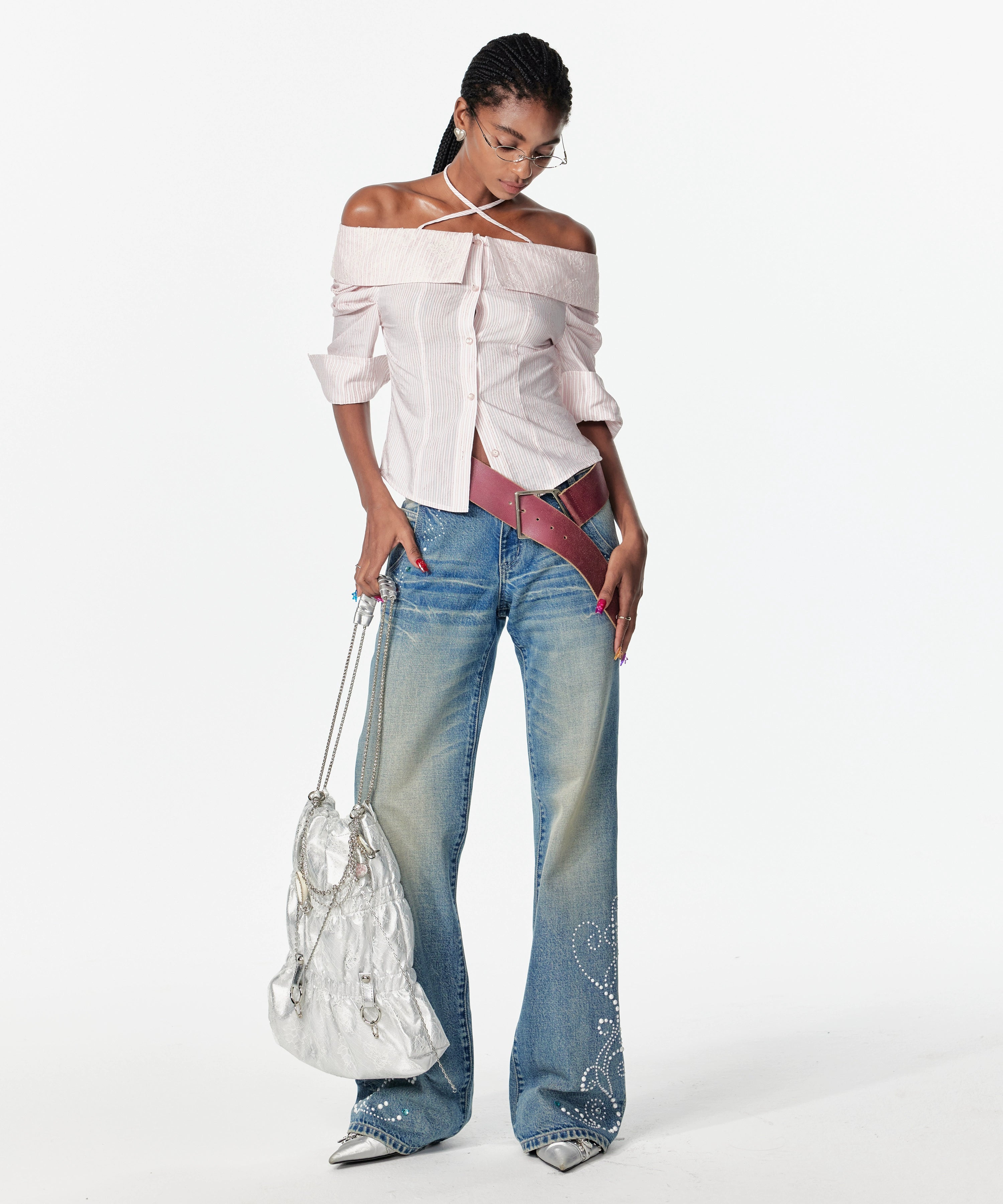 2th Desire美式复古重酵洗星落爱心烫钻低腰微喇浅色直筒牛仔裤女