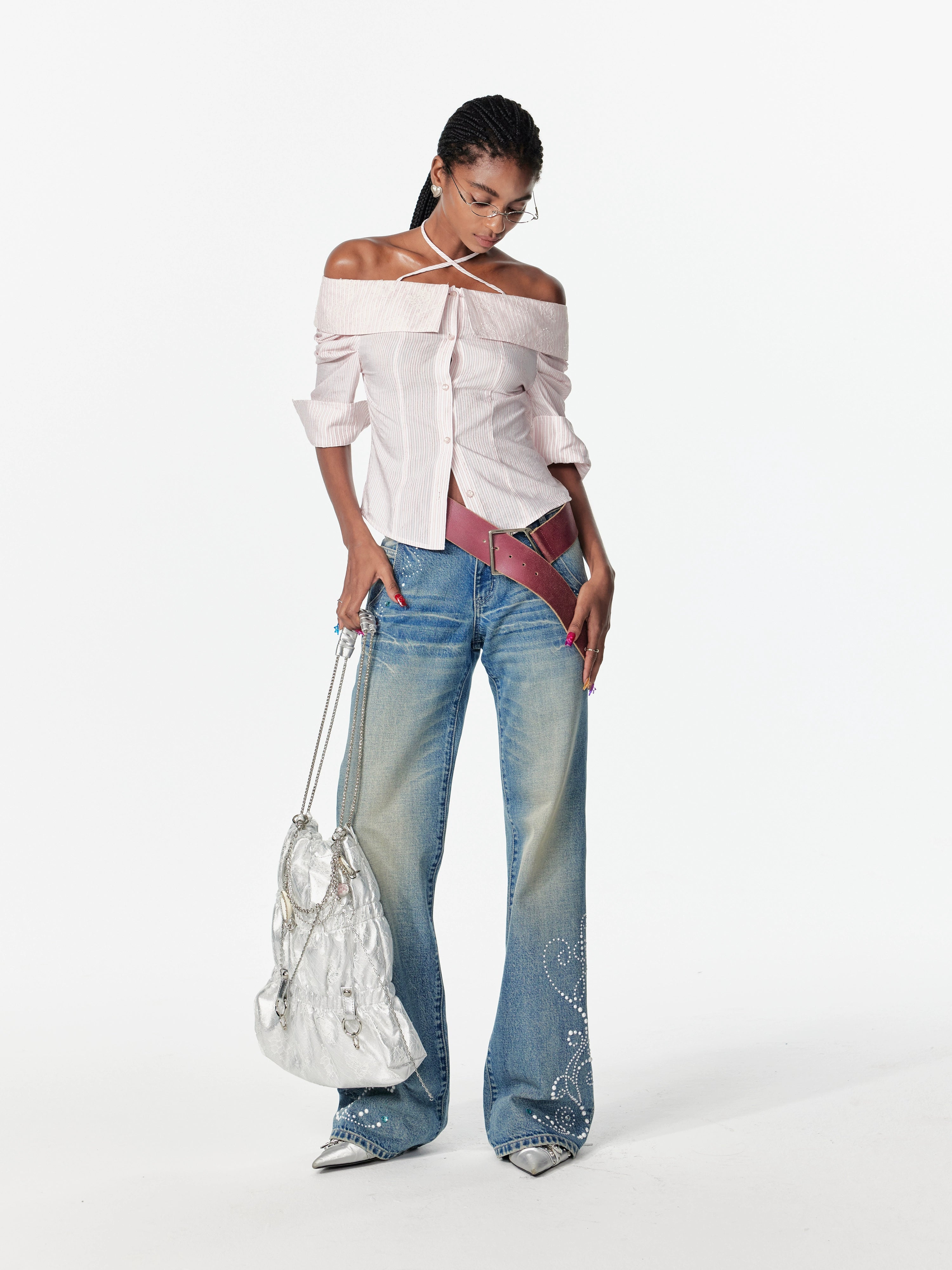 2th Desire美式复古重酵洗星落爱心烫钻低腰微喇浅色直筒牛仔裤女