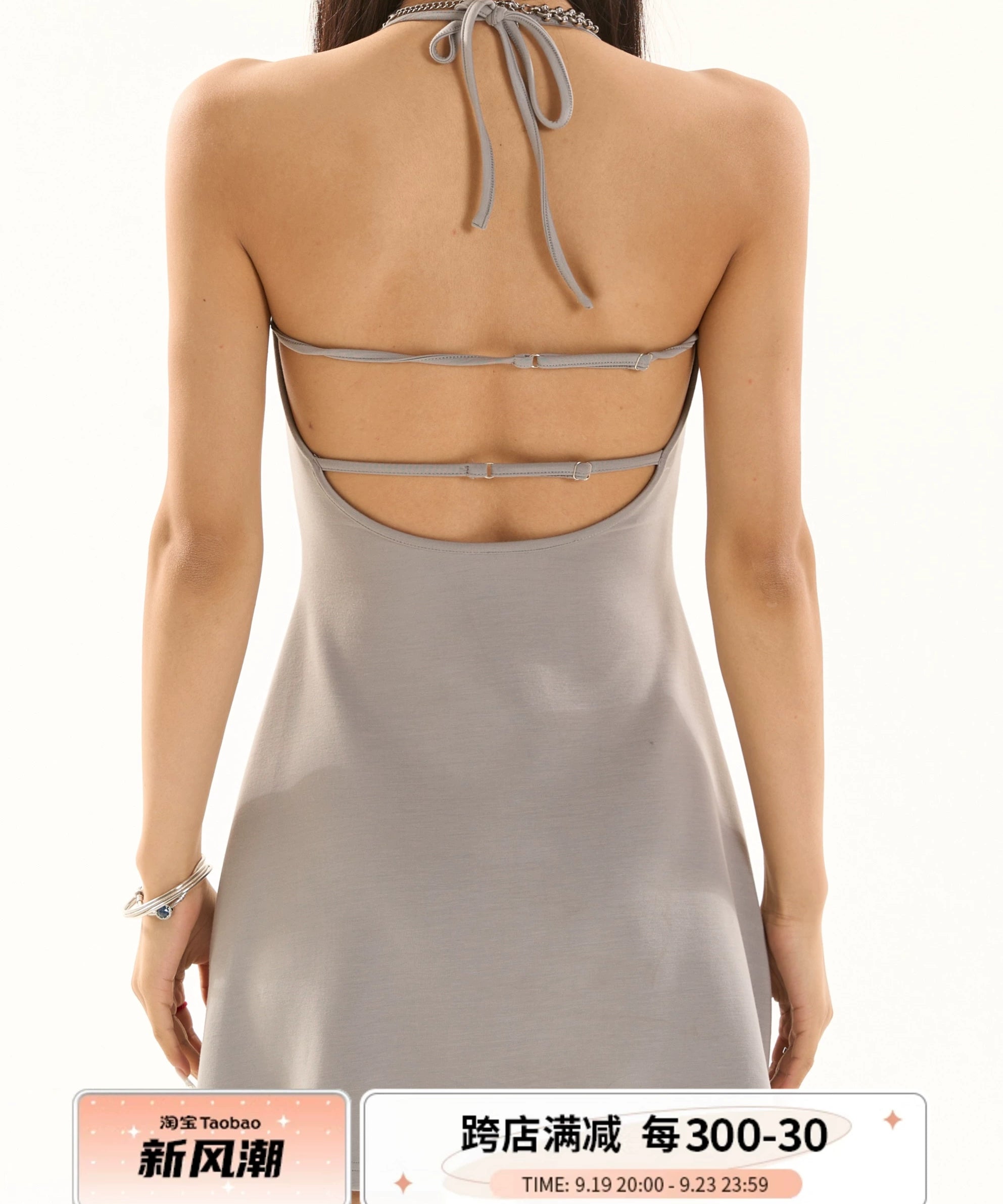 野生zero 黑灰色挂脖吊带a字露背连衣裙女夏季辣妹修身显瘦短裙子