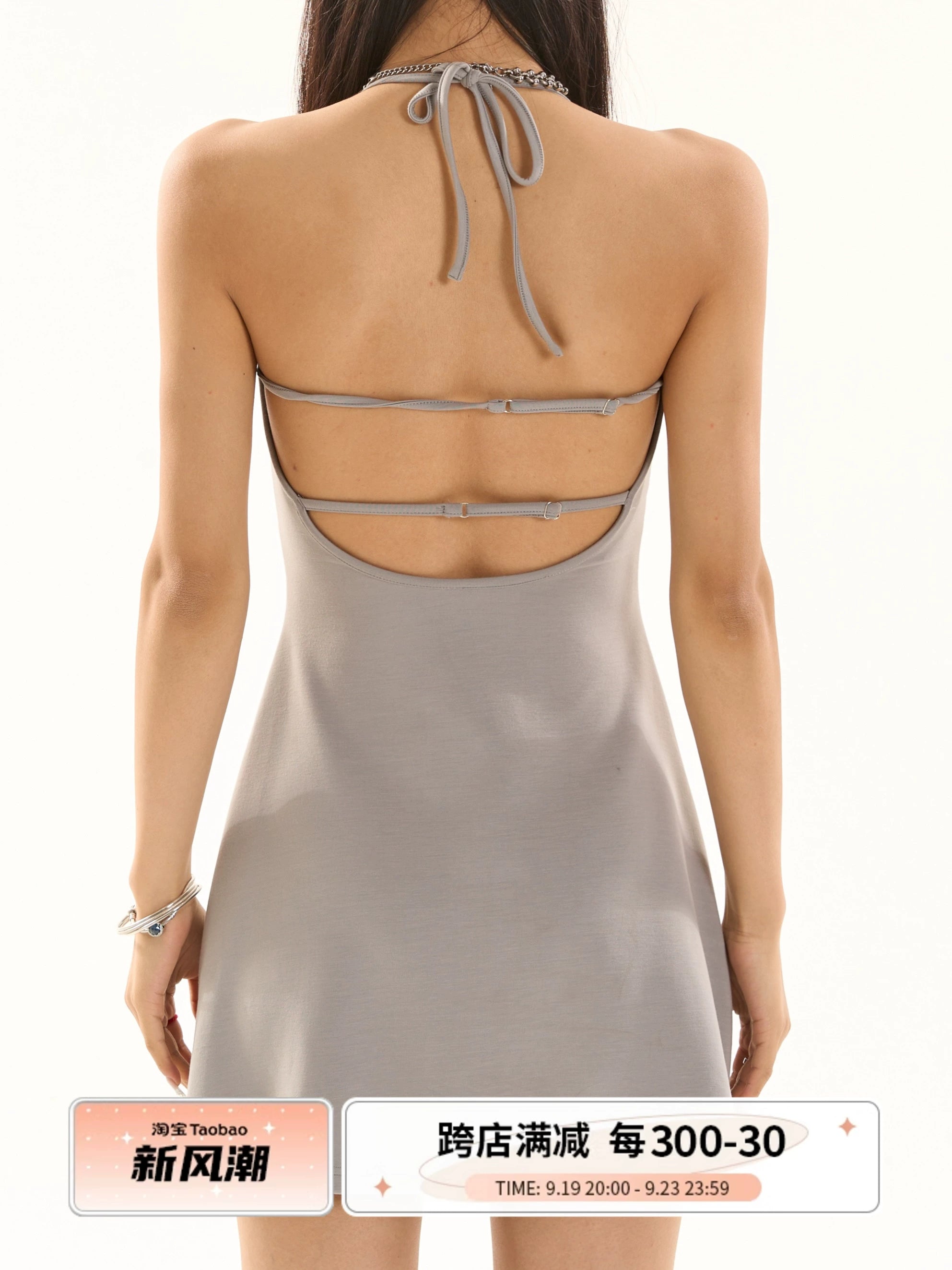 野生zero 黑灰色挂脖吊带a字露背连衣裙女夏季辣妹修身显瘦短裙子