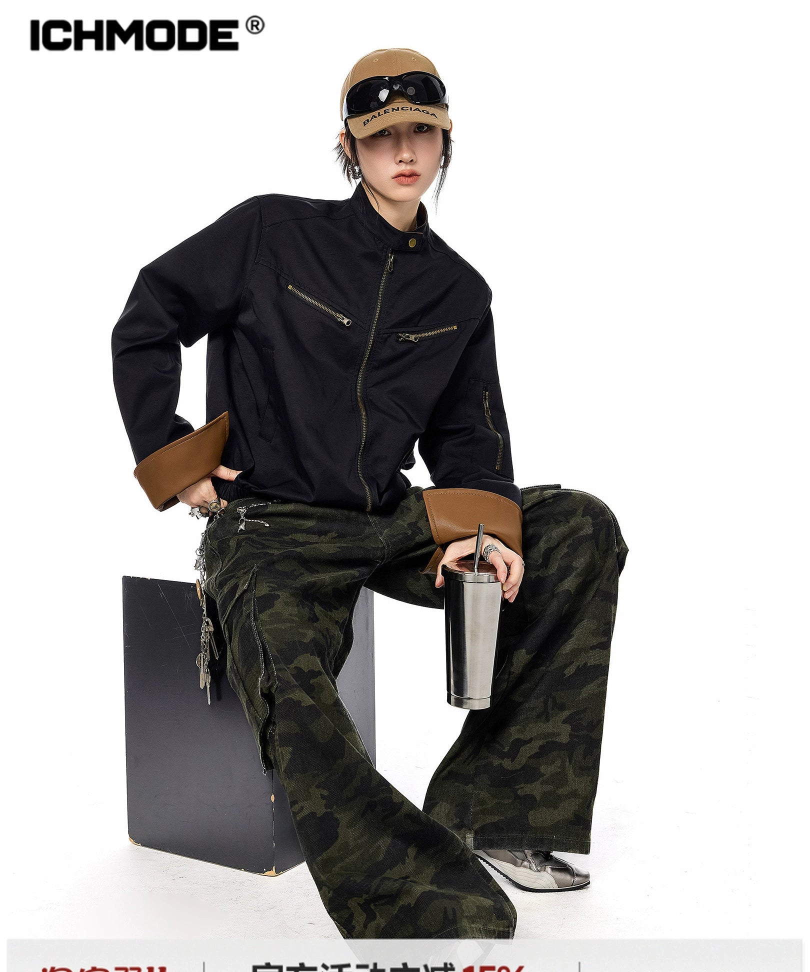 ICH MODE 美式复古工装短外套女2025新款秋冬巴恩风夹克立领上衣