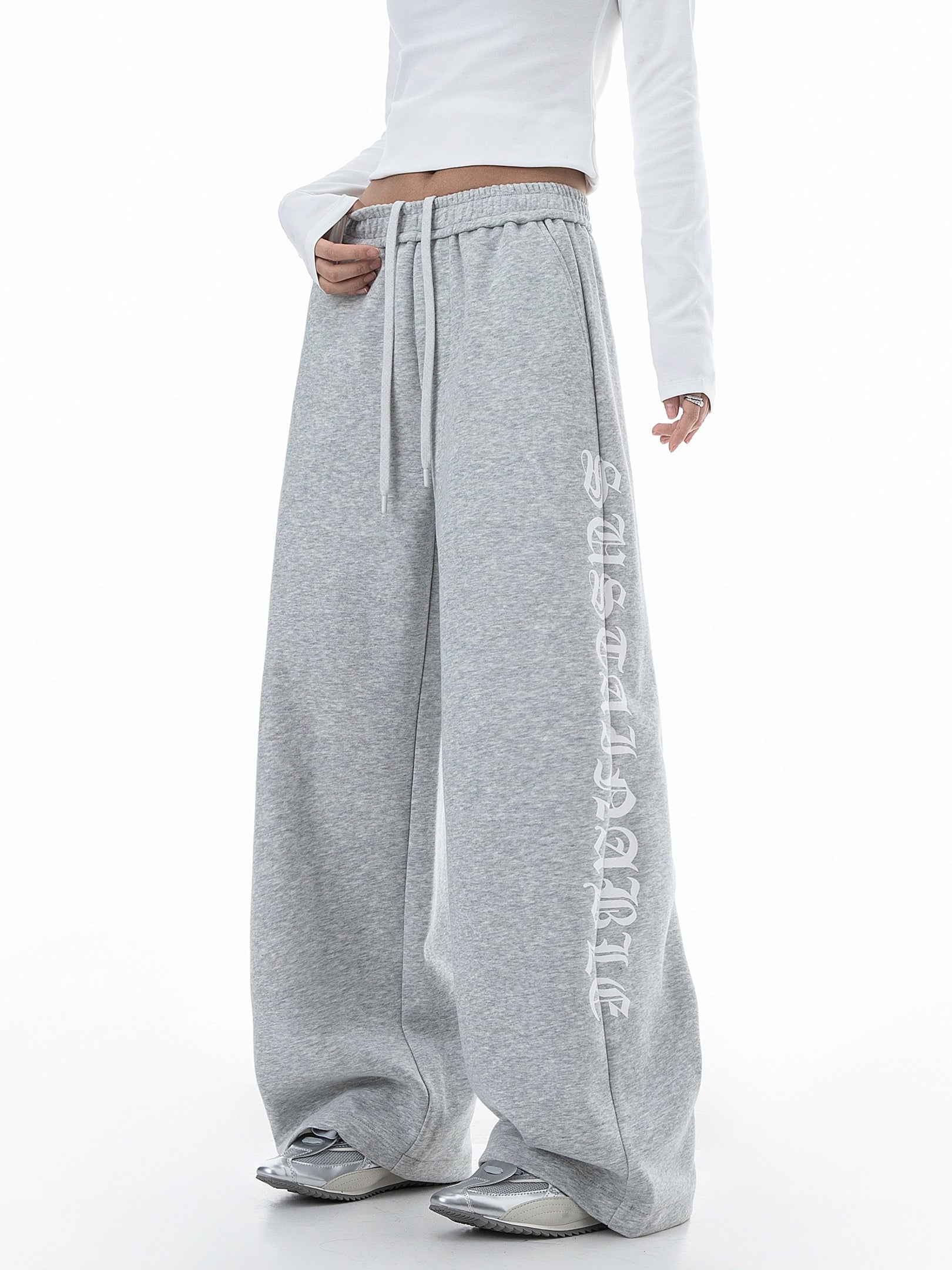 ICH MODE 美式复古印花休闲裤女宽松直筒裤子百搭阔腿运动裤卫裤