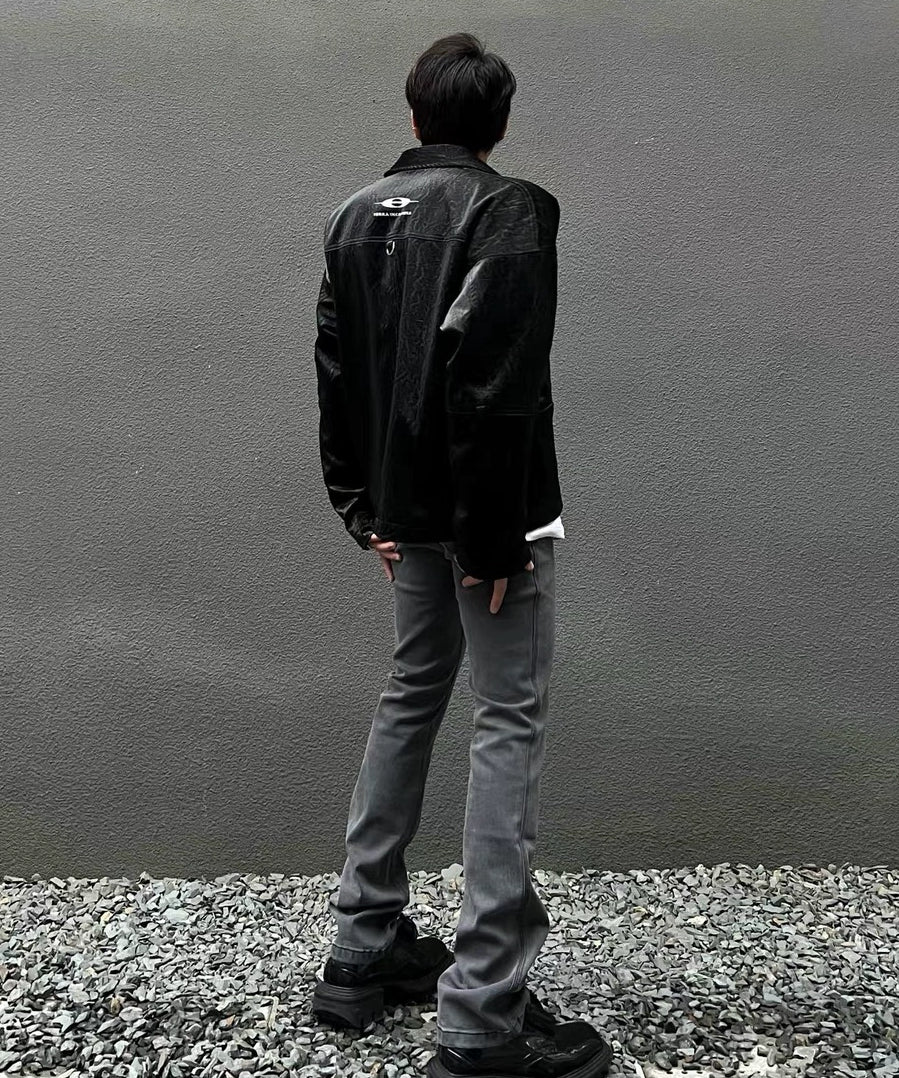 潮WOO专属TERRAINCOGNITA新款微喇叭宽松水洗灰简约百搭牛仔裤男