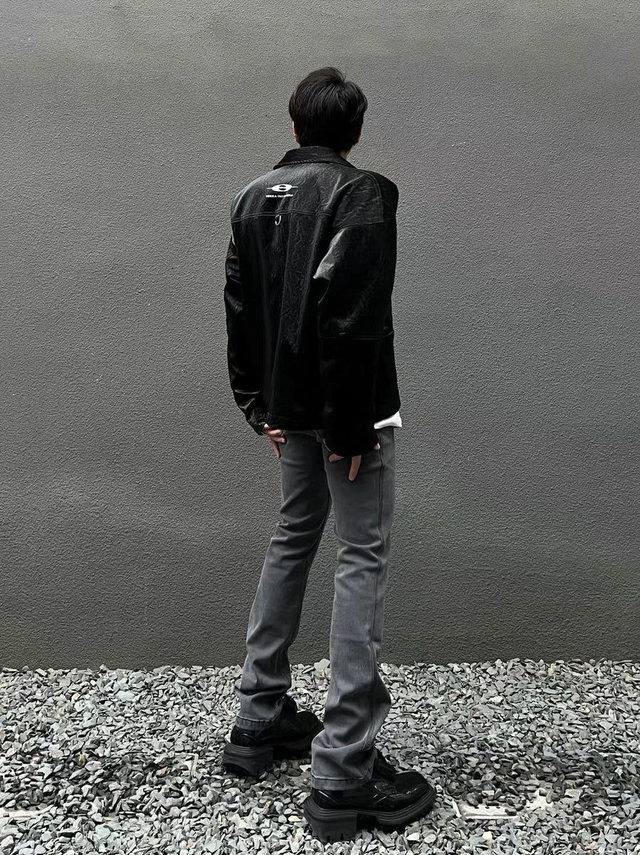 潮WOO专属TERRAINCOGNITA新款微喇叭宽松水洗灰简约百搭牛仔裤男