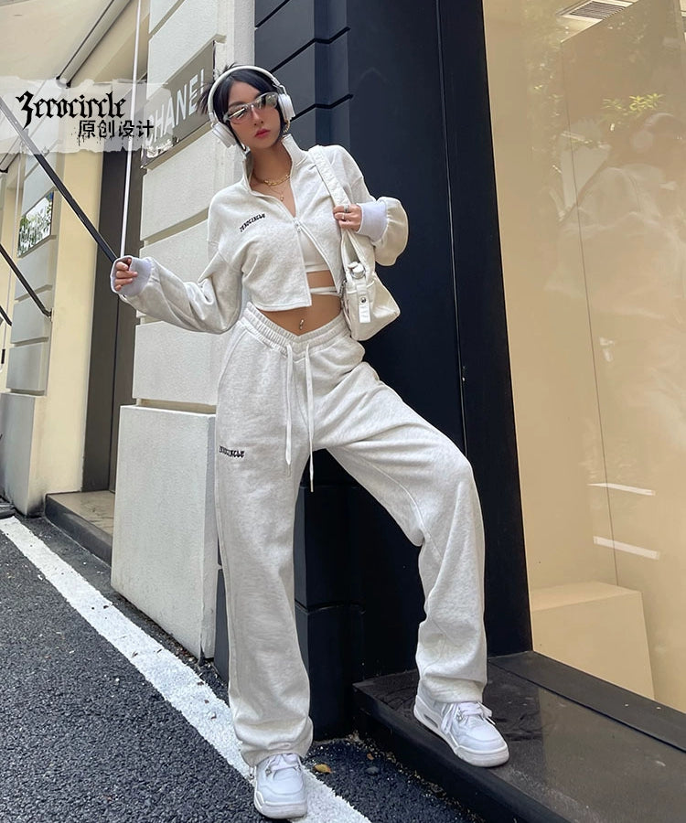 野生zerocircle灰色卫衣套装女春秋短款外套显瘦运动宽松休闲裤子