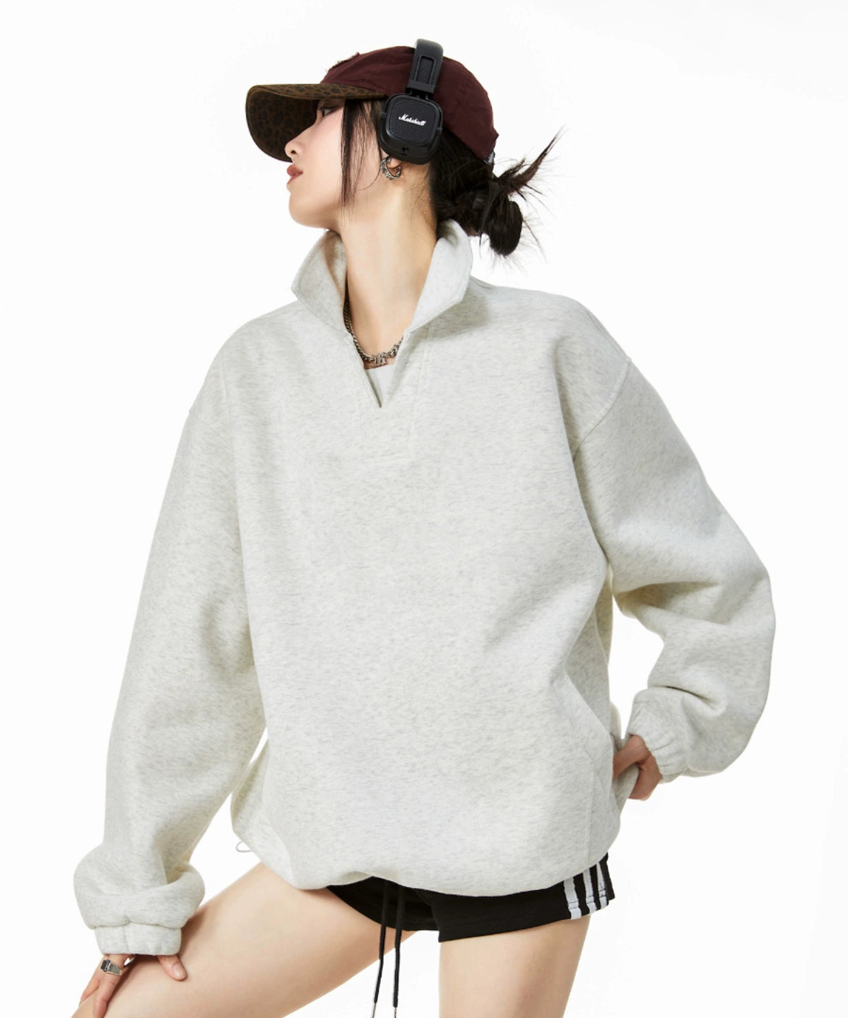 ICH MODE 美式POLO领纯色卫衣2025年秋冬新款慵懒风宽松上衣女款