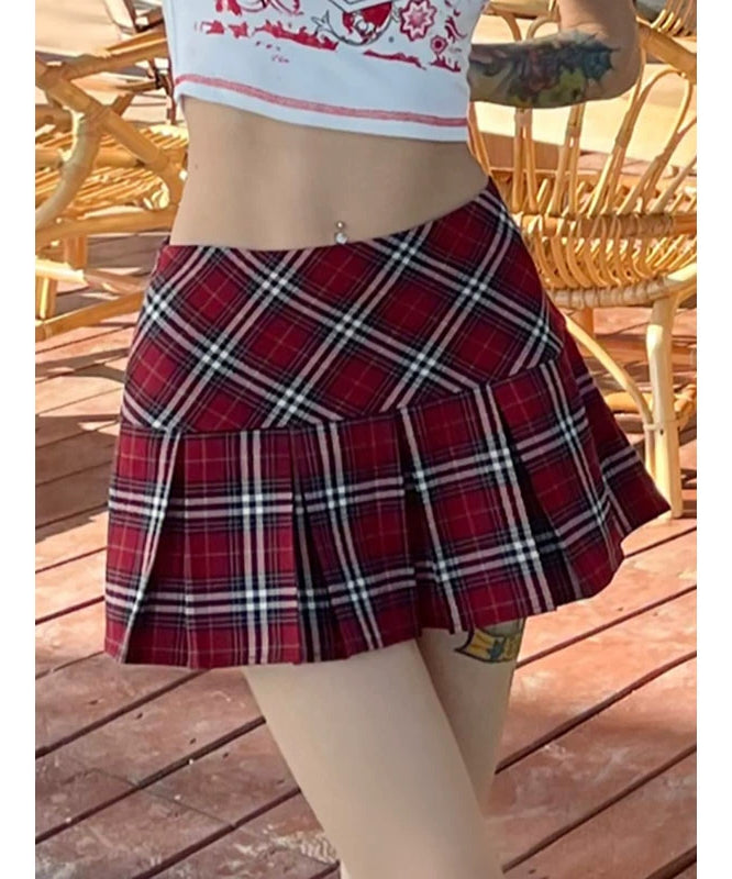 野生zero 红色格子百褶裙女夏季高腰a字设计感小众辣妹半身短裙子