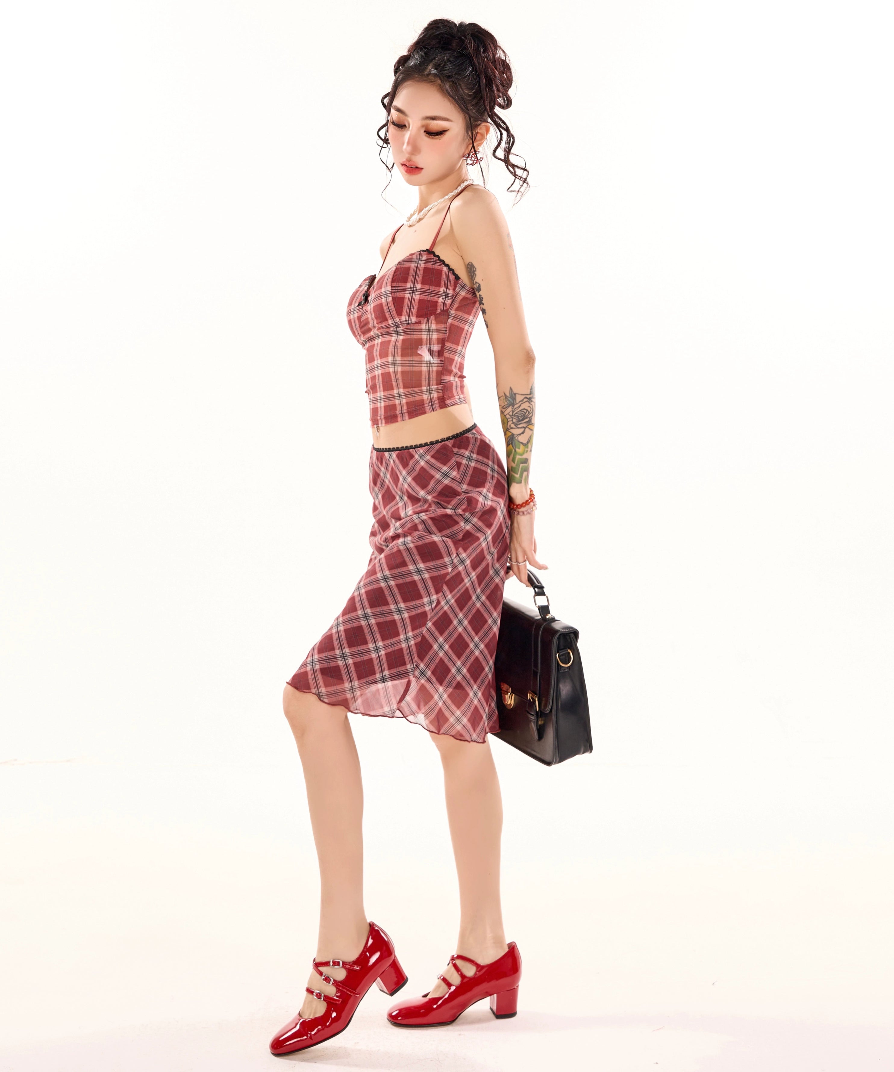 野生zerocircle 红色格子中长款半身裙女春夏a字显瘦低腰雪纺裙子