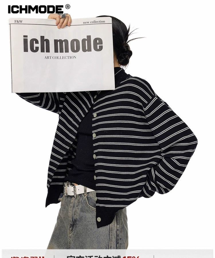 ICH MODE 美式复古条纹针织开衫女秋冬宽松毛衣休闲外搭上衣外套
