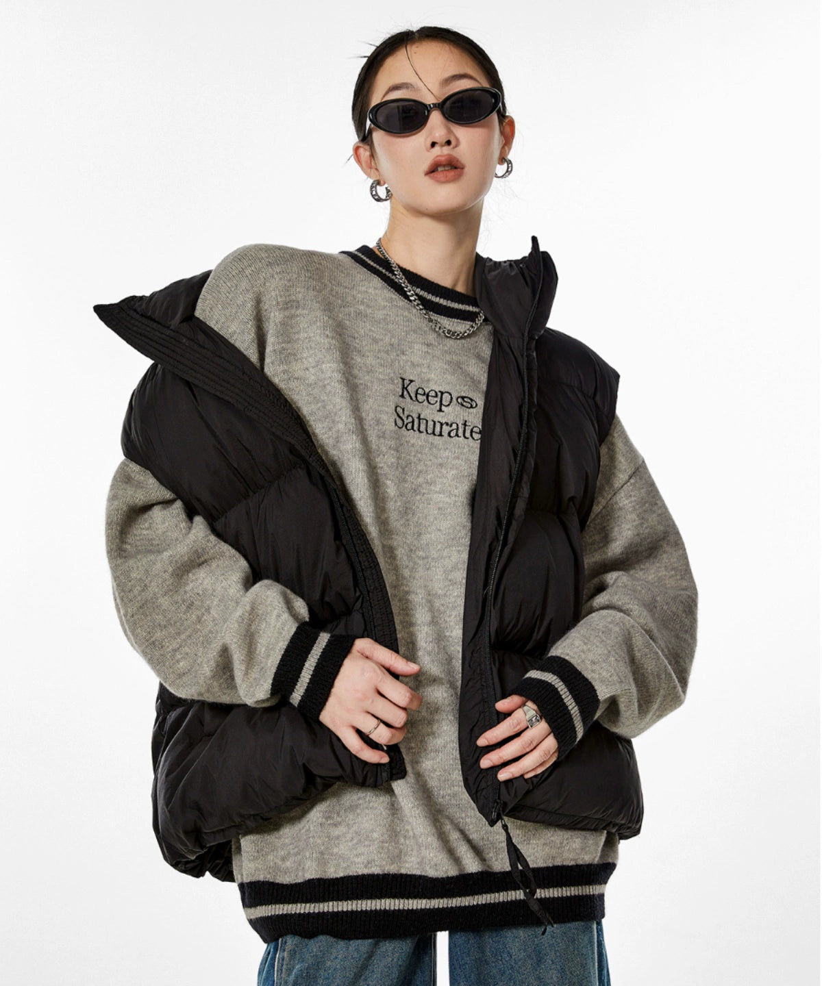 ICH MODE 美式复古圆领毛衣秋冬女宽松针织衫外套慵懒风2025新款