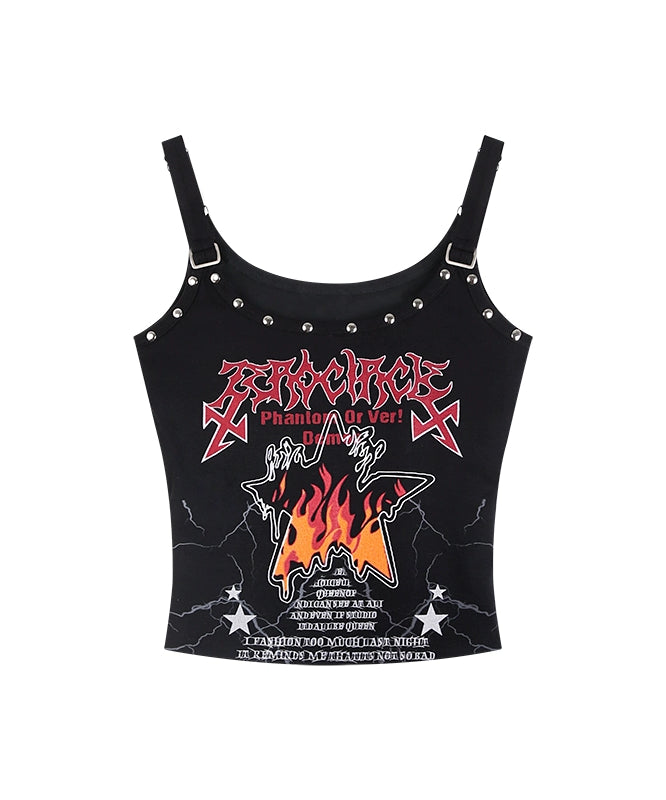 野生zero白黑色吊带背心女夏季外穿辣妹小众印花修身无袖短款上衣