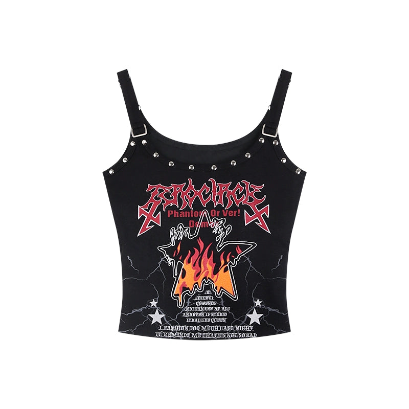 野生zero白黑色吊带背心女夏季外穿辣妹小众印花修身无袖短款上衣