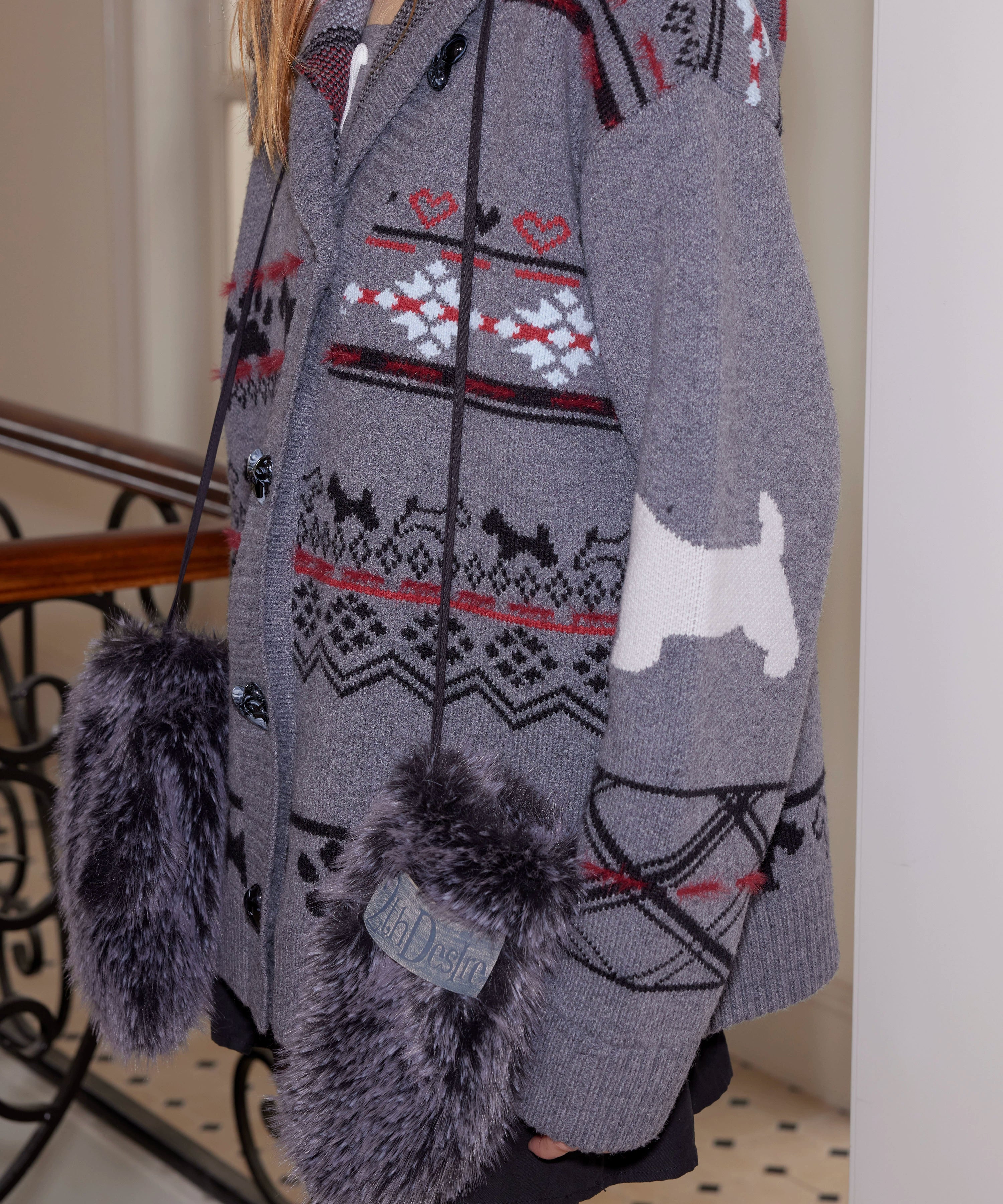 2th Desire绒棉内里加厚保暖长毛毛绒连指手套女弹力挂脖皮草手套