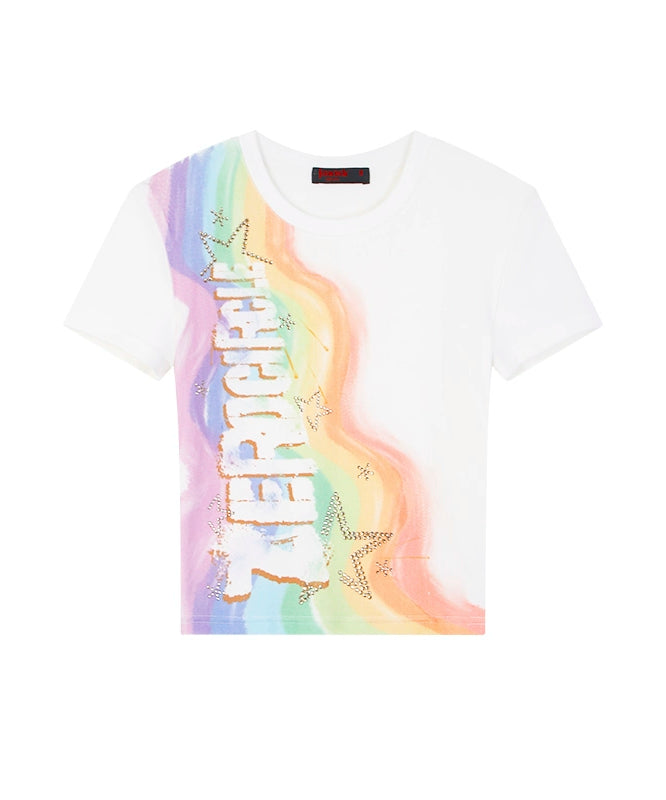 野生zero 白色印花烫钻正肩短袖t恤女夏季甜辣设计感修身显瘦上衣