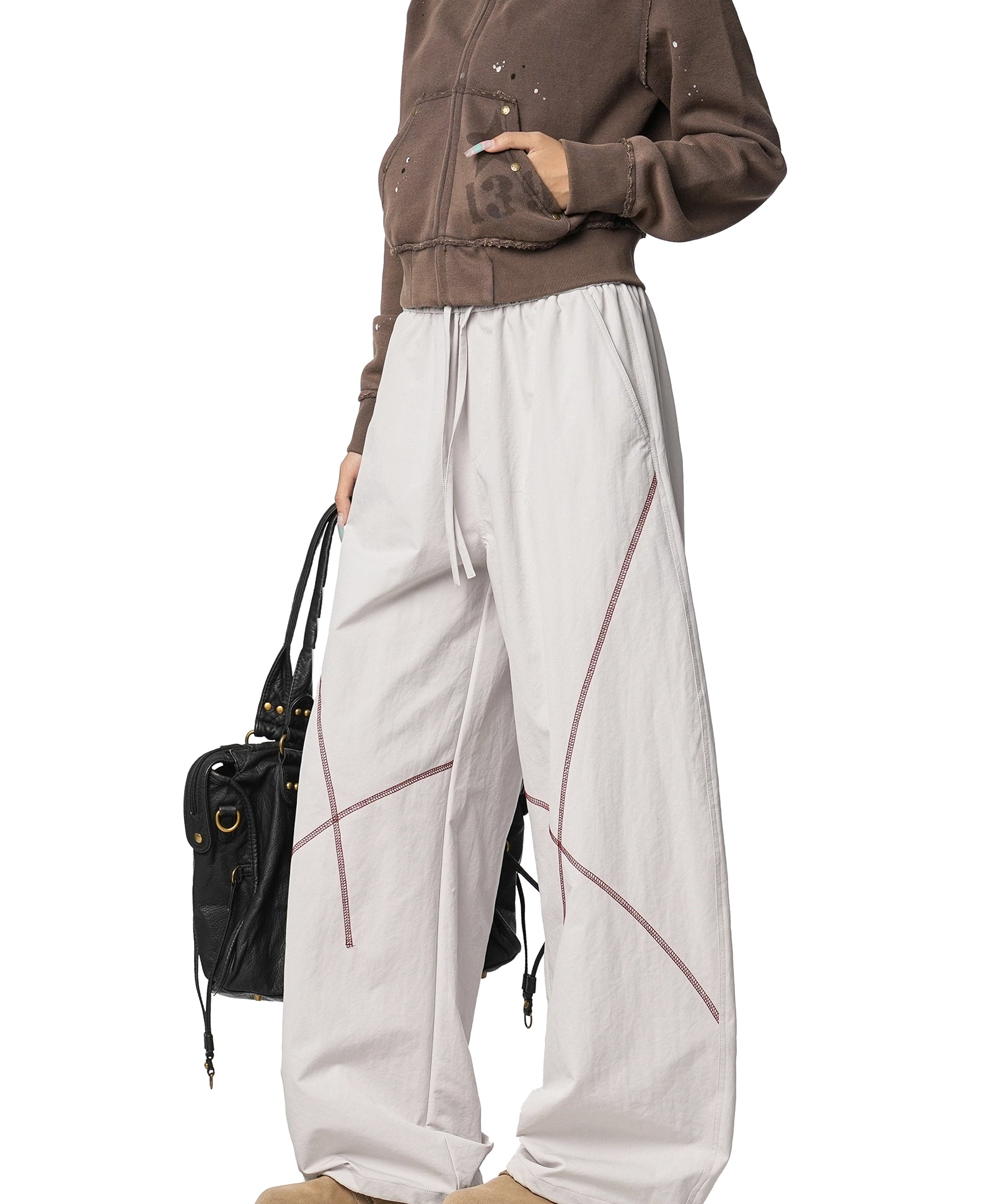 ICH MODE 美式复古户外哈苏线休闲裤女宽松弯刀裤阔腿直筒运动裤