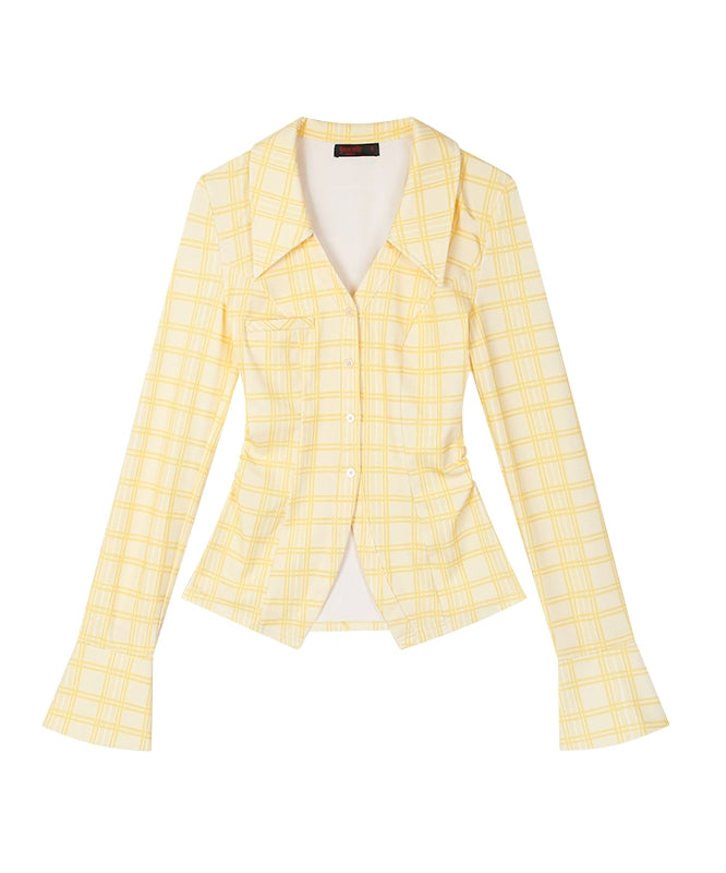野生zerocircle 黄色格子v领长袖衬衫女春秋季修身收腰喇叭袖上衣