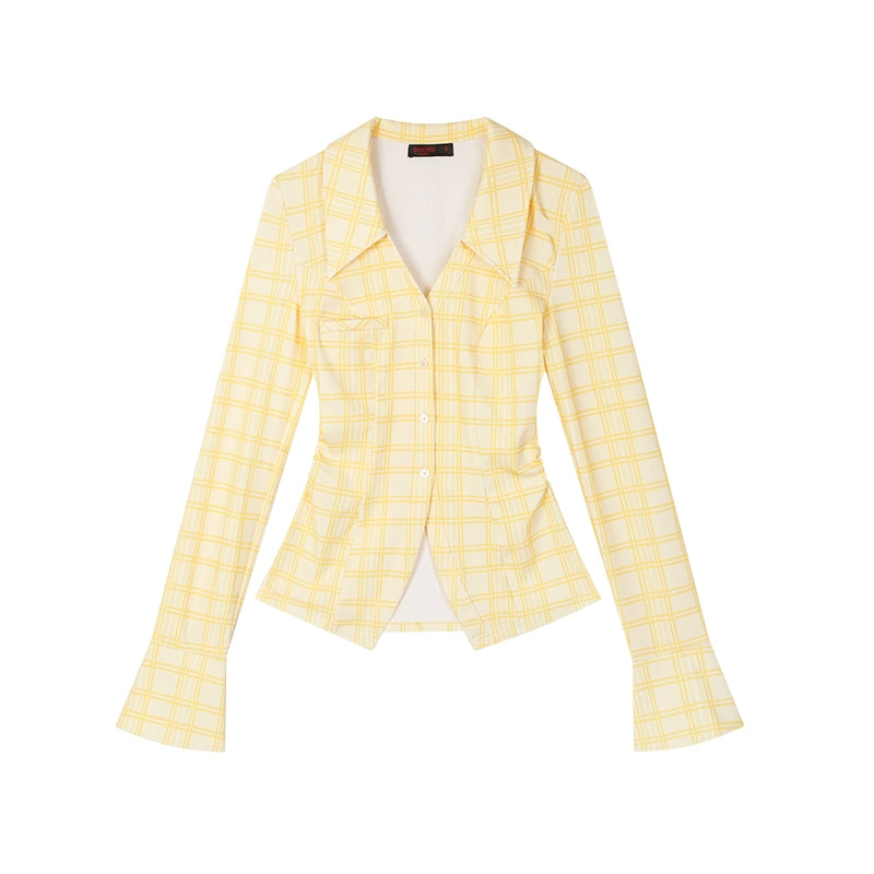 野生zerocircle 黄色格子v领长袖衬衫女春秋季修身收腰喇叭袖上衣