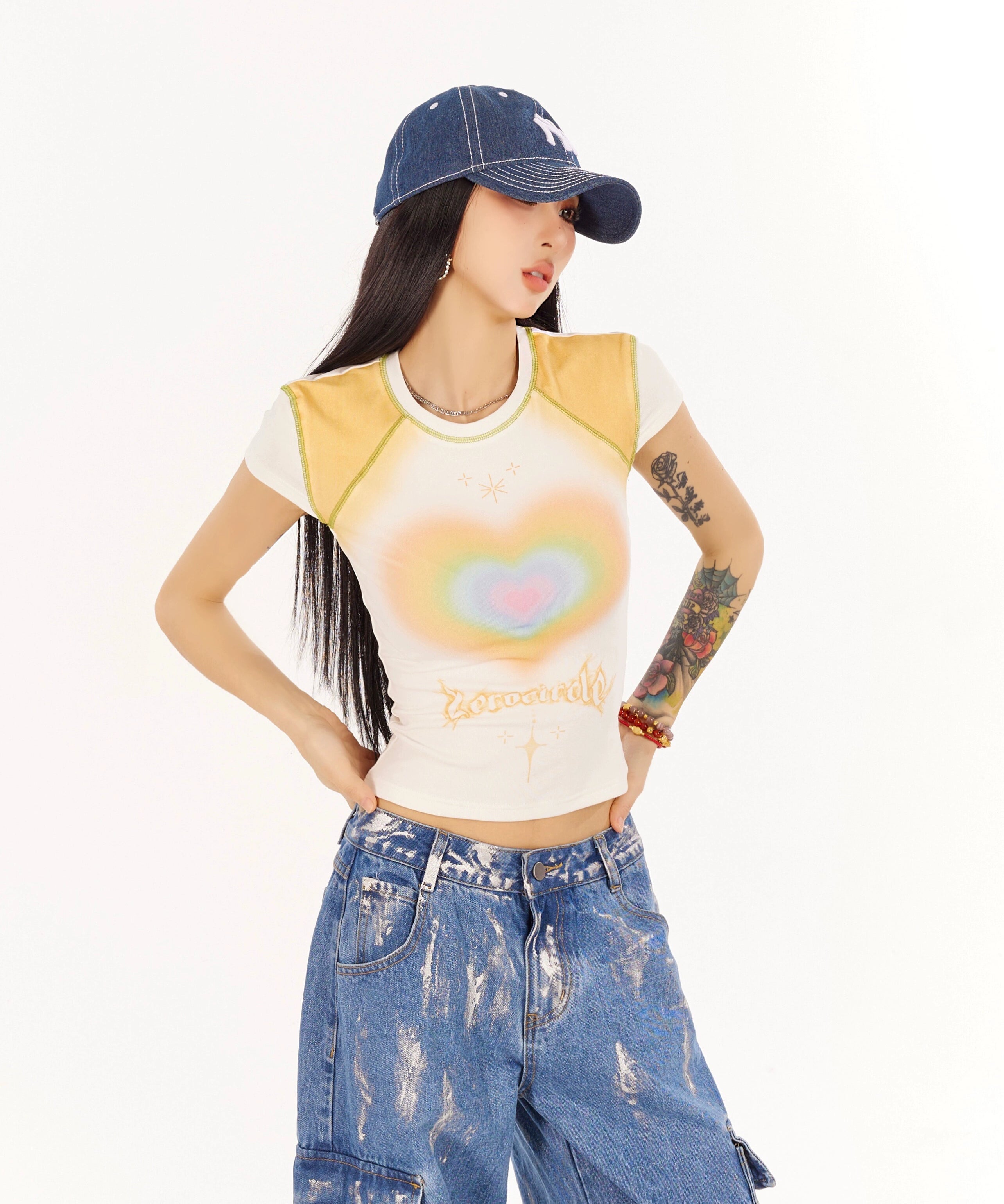 野生zero 红白色爱心印花正肩短袖t恤女夏辣妹设计感显瘦修身上衣