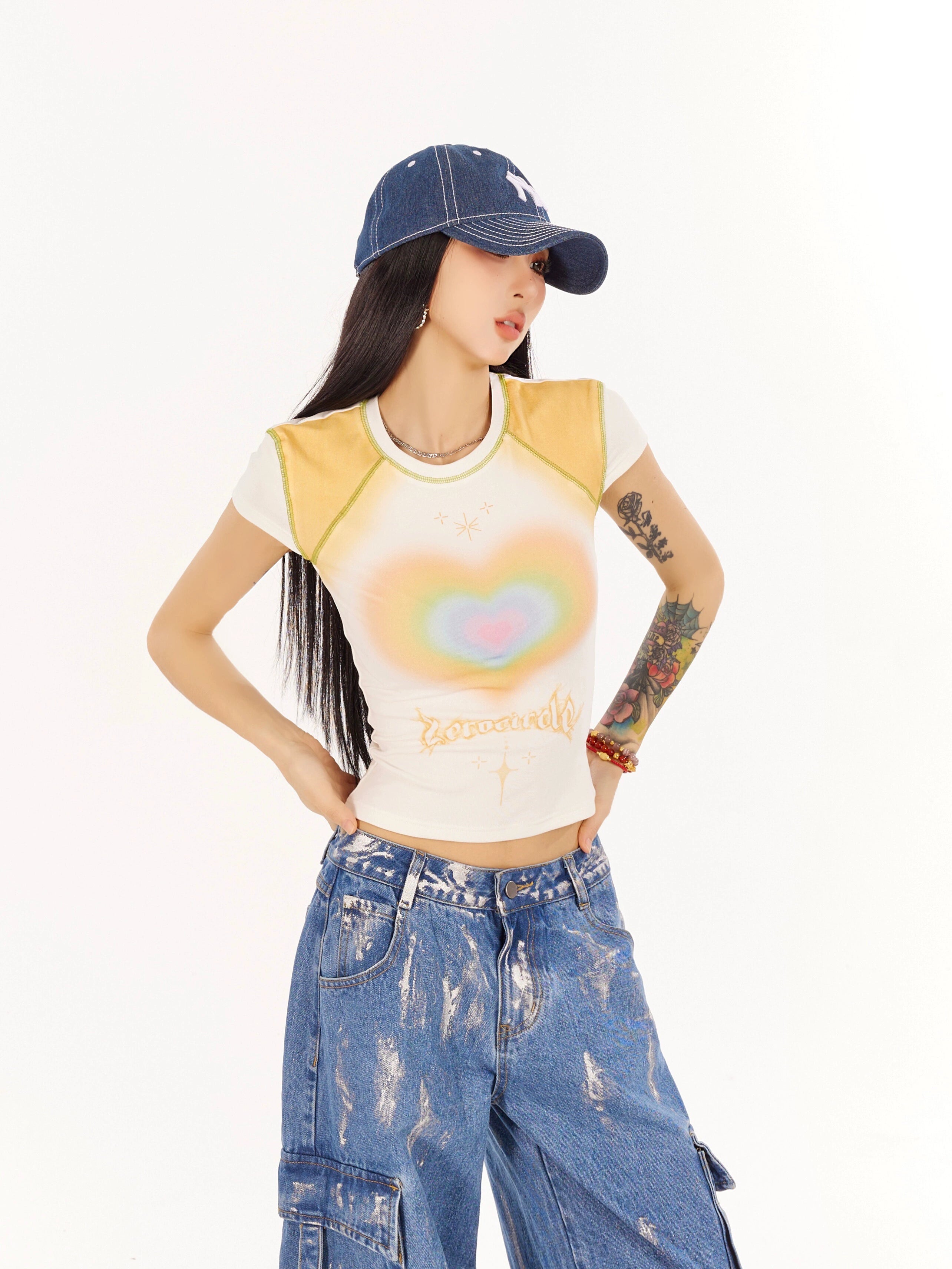 野生zero 红白色爱心印花正肩短袖t恤女夏辣妹设计感显瘦修身上衣