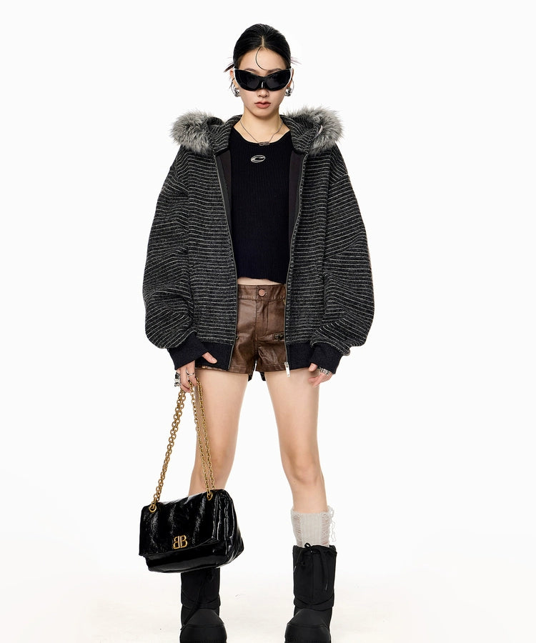 ICH MODE 美式复古毛领条纹连帽外套女秋冬宽松休闲卫衣开衫上衣