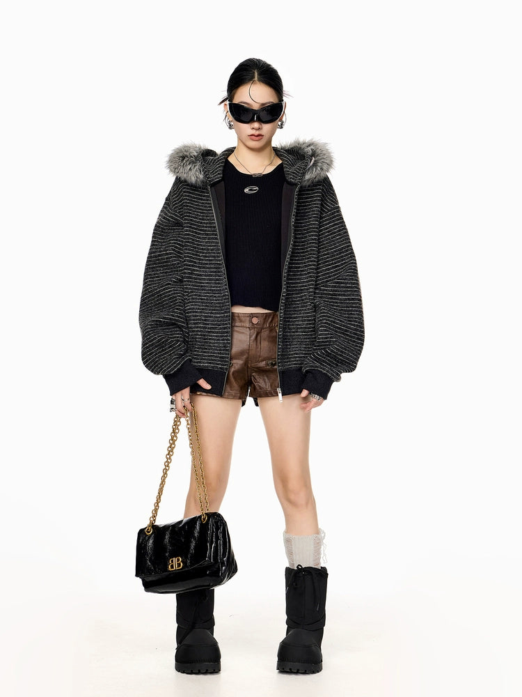 ICH MODE 美式复古毛领条纹连帽外套女秋冬宽松休闲卫衣开衫上衣