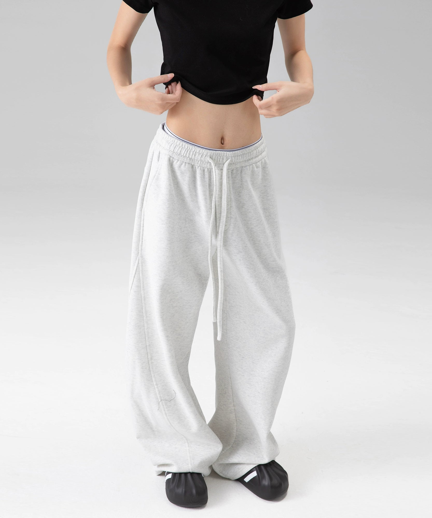 ICH MODE 美式加绒卫裤运动裤女秋冬新款宽松阔腿休闲裤弯刀裤子