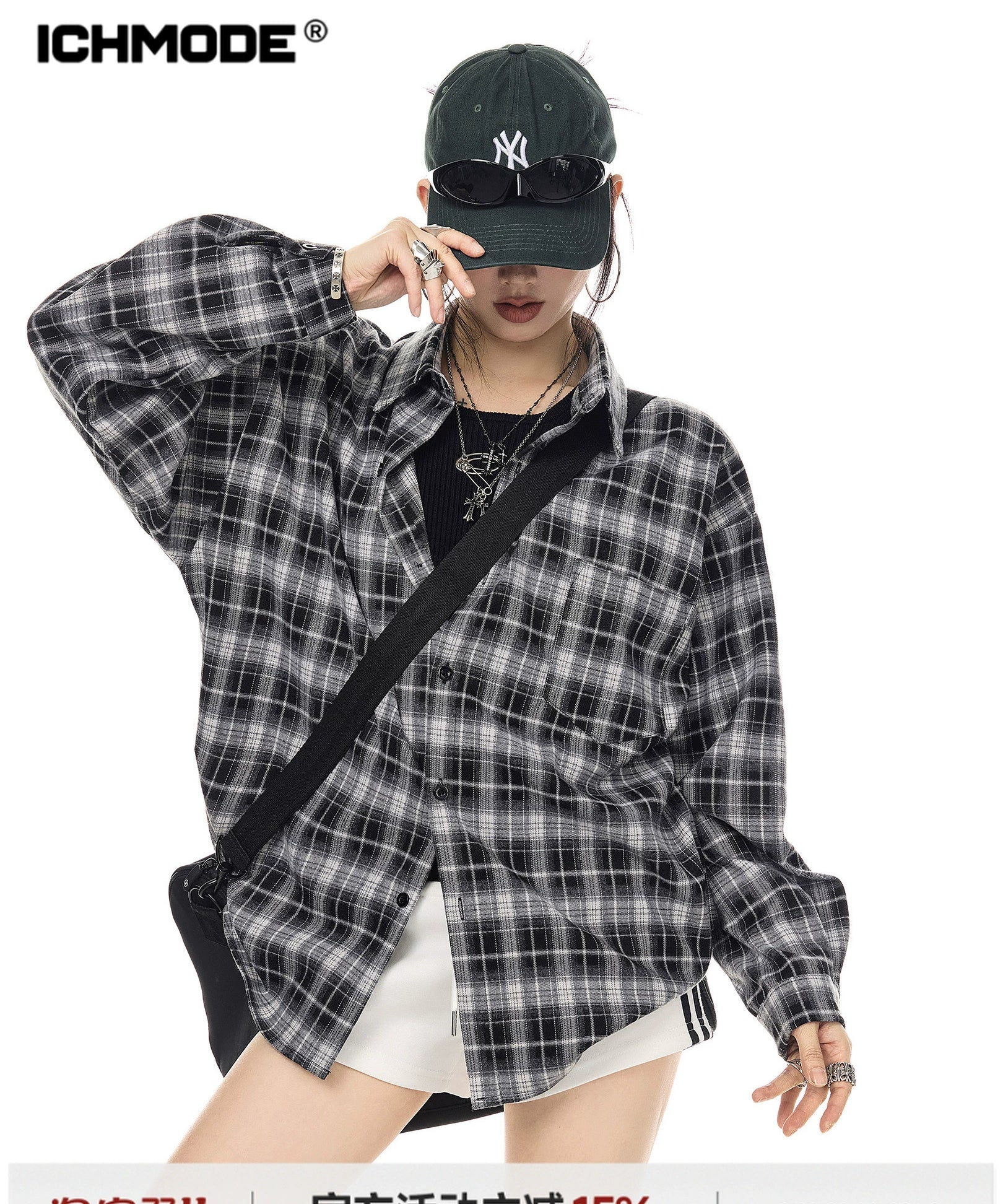 ICH MODE 美式复古休闲格子衬衫女2025新款宽松衬衣外套翻领上衣