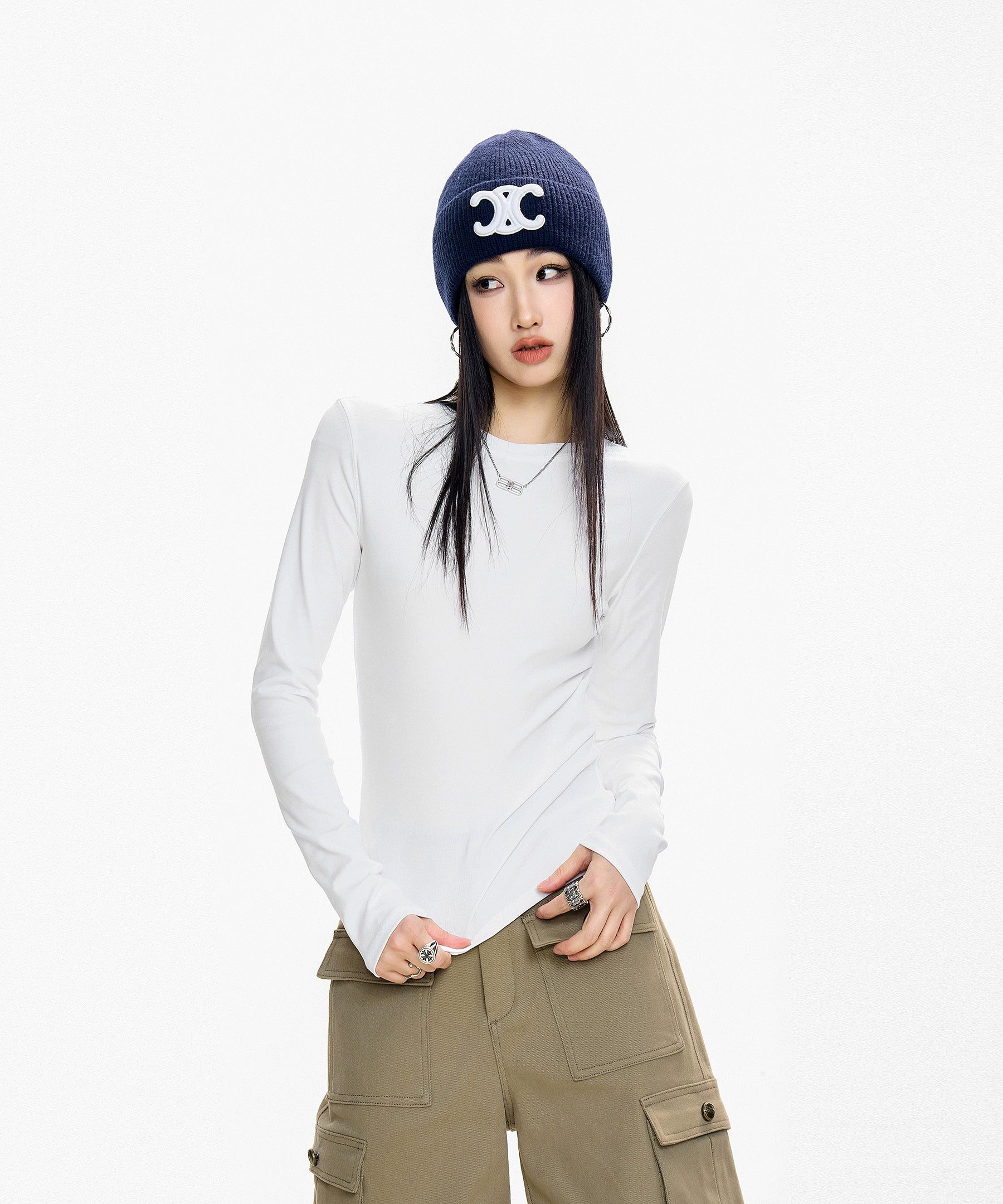 ICH MODE 美式复古正肩长袖T恤女秋冬2025新款修身打底一字肩上衣