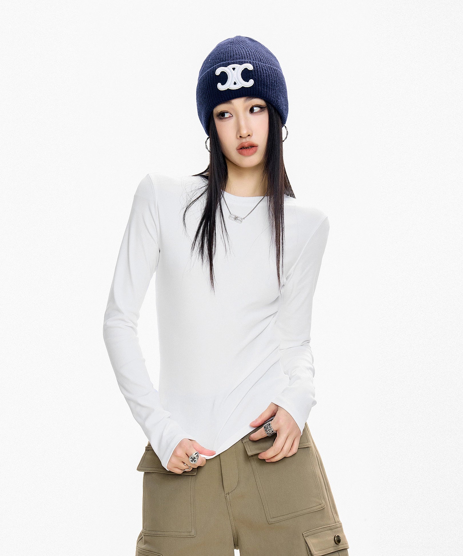 ICH MODE 美式复古正肩长袖T恤女秋冬2025新款修身打底一字肩上衣