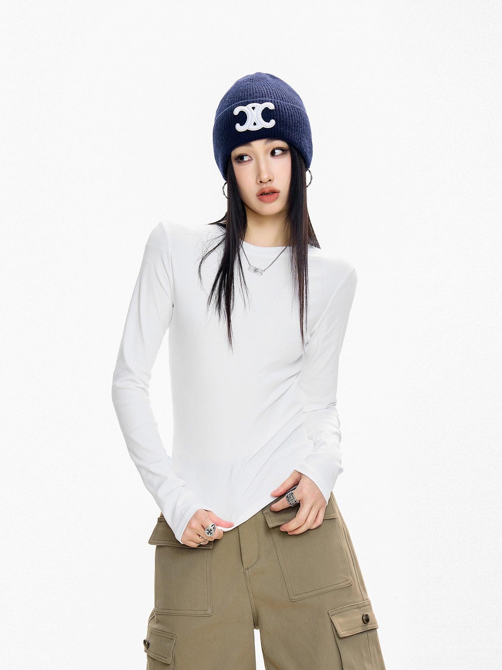 ICH MODE 美式复古正肩长袖T恤女秋冬2025新款修身打底一字肩上衣