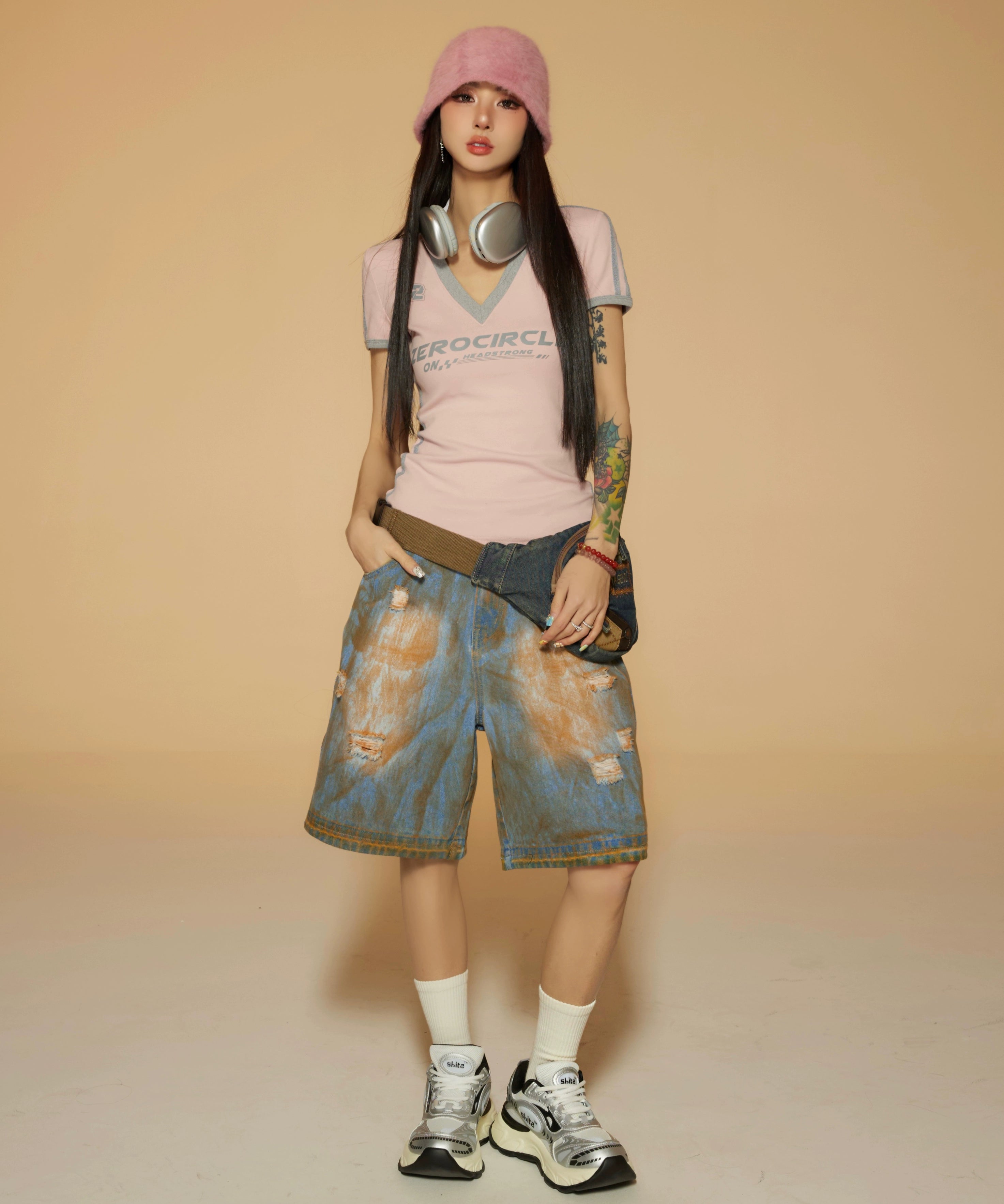 野生zerocircle复古蓝水洗低腰牛仔短裤女春小众显瘦宽松直筒裤子