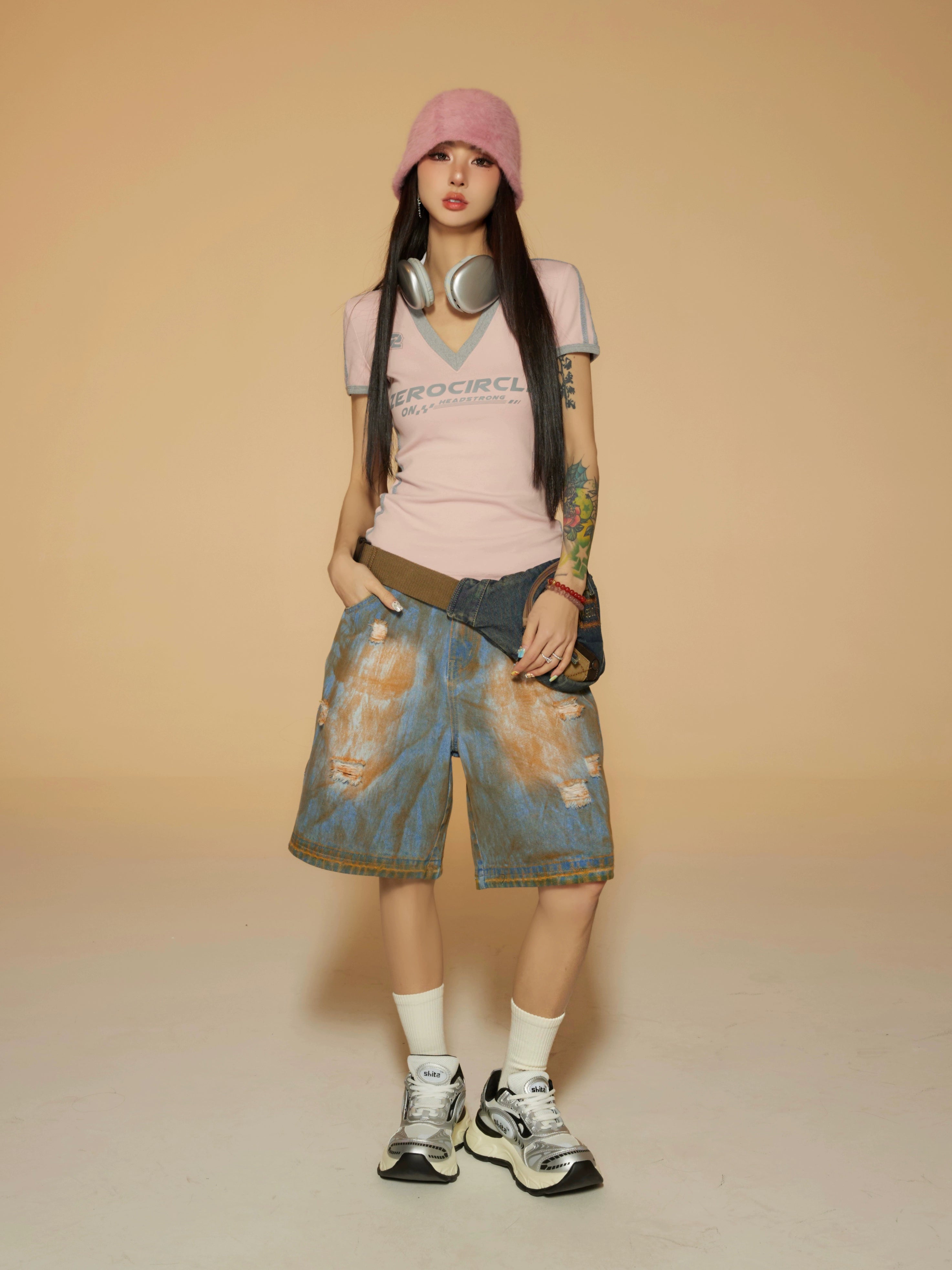 野生zerocircle复古蓝水洗低腰牛仔短裤女春小众显瘦宽松直筒裤子