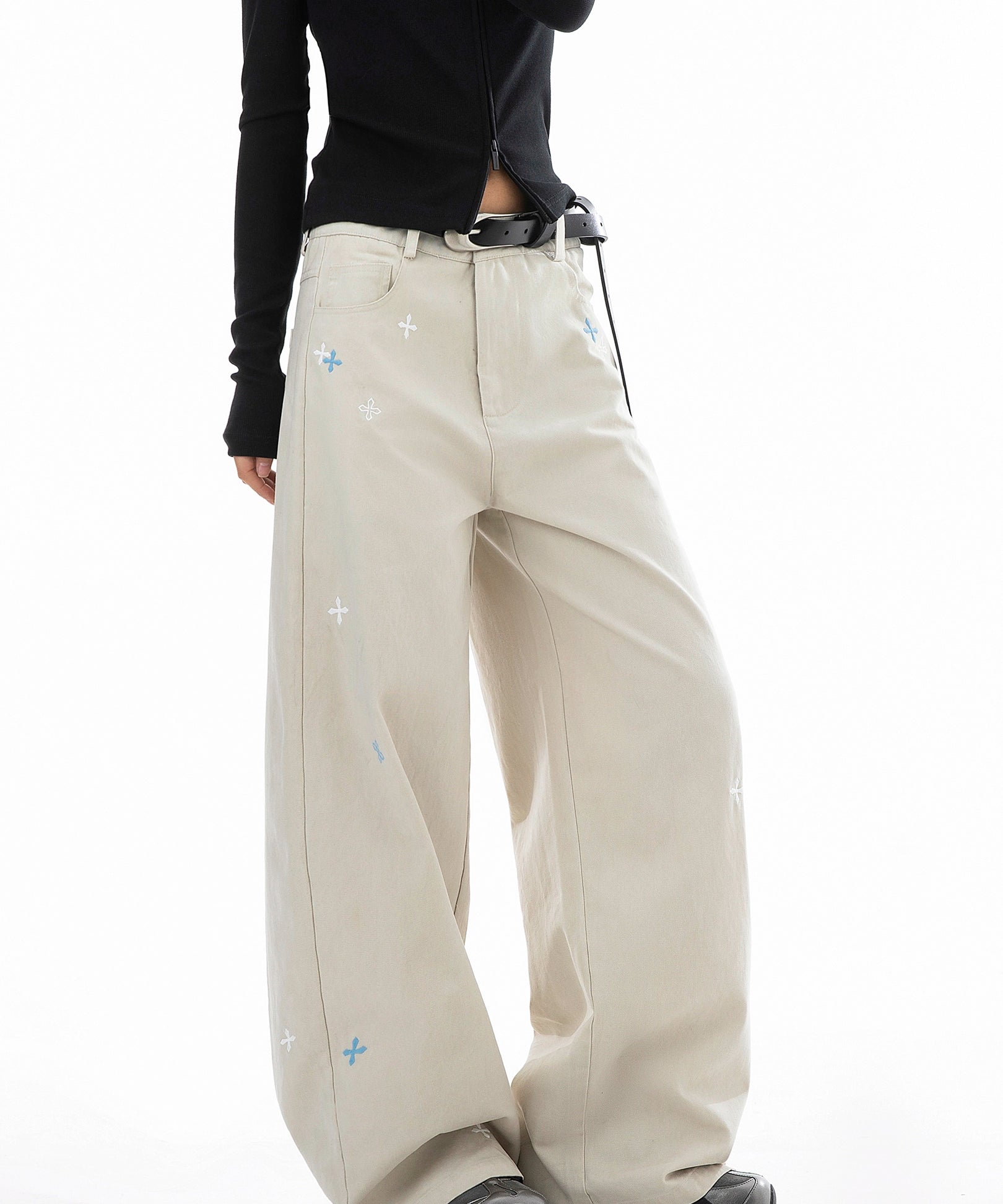 ICH MODE 美式复古刺绣纱卡休闲裤女宽松直筒裤弯刀阔腿裤运动裤