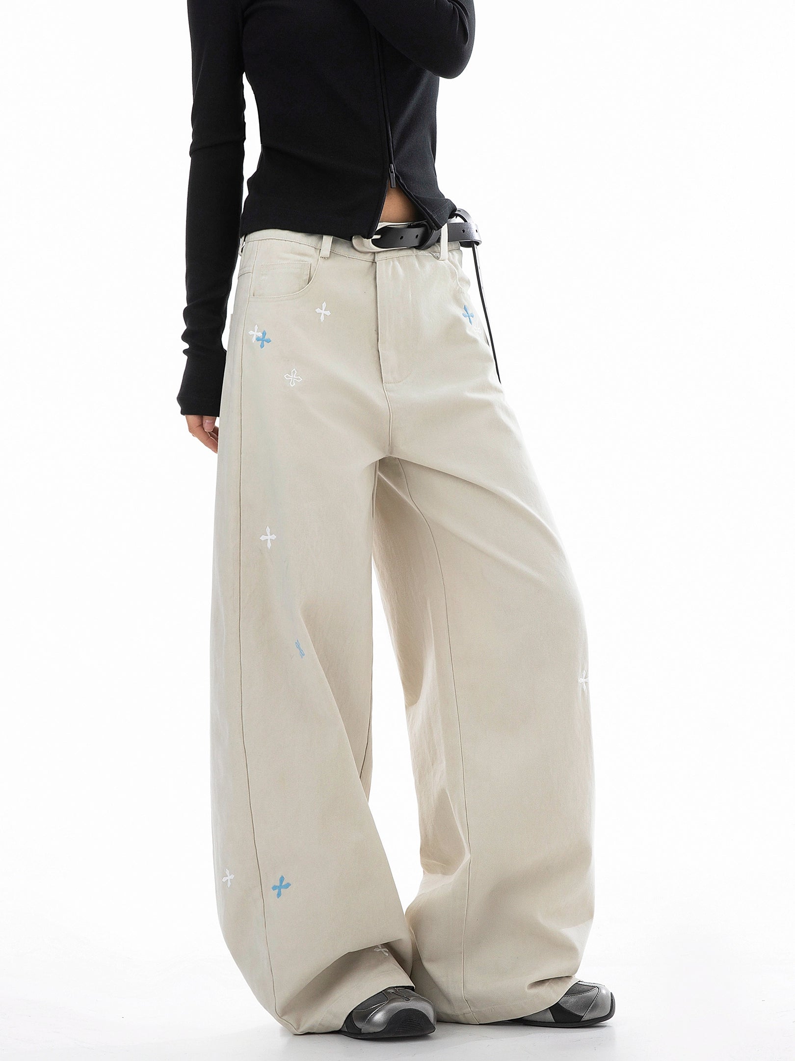 ICH MODE 美式复古刺绣纱卡休闲裤女宽松直筒裤弯刀阔腿裤运动裤