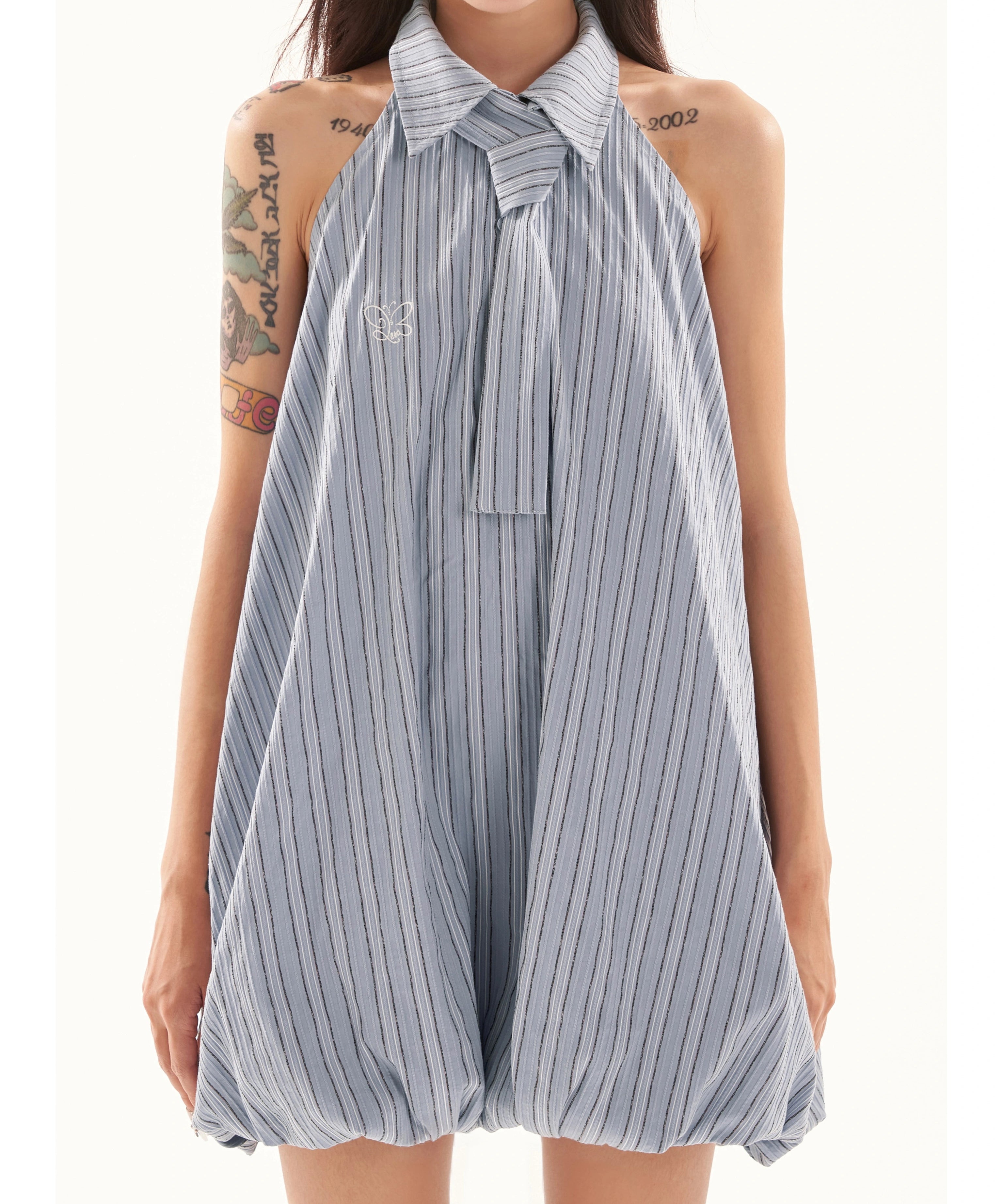 野生zero 条纹无袖a字连衣裙女夏季辣妹设计感显瘦衬衫花苞短裙子