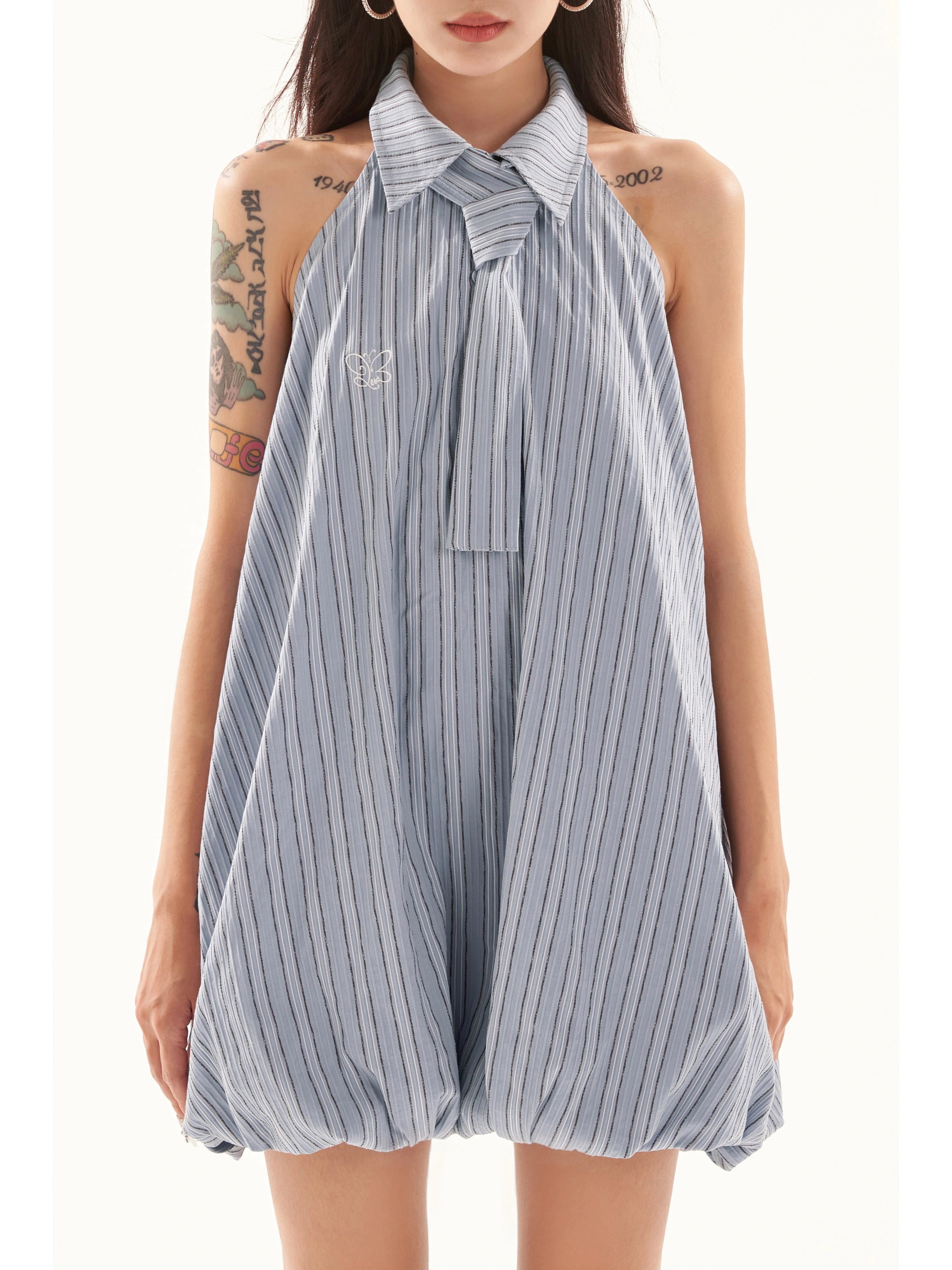 野生zero 条纹无袖a字连衣裙女夏季辣妹设计感显瘦衬衫花苞短裙子