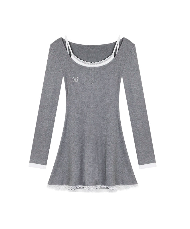 野生zerocircle裙子两件套女秋辣妹显瘦修身收腰灰色长袖连衣裙子