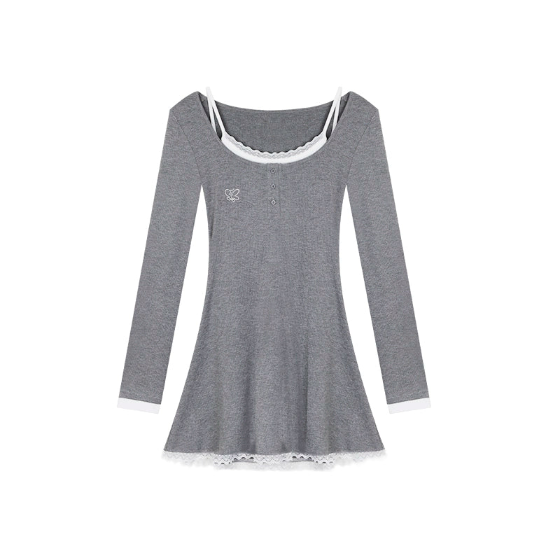 野生zerocircle裙子两件套女秋辣妹显瘦修身收腰灰色长袖连衣裙子