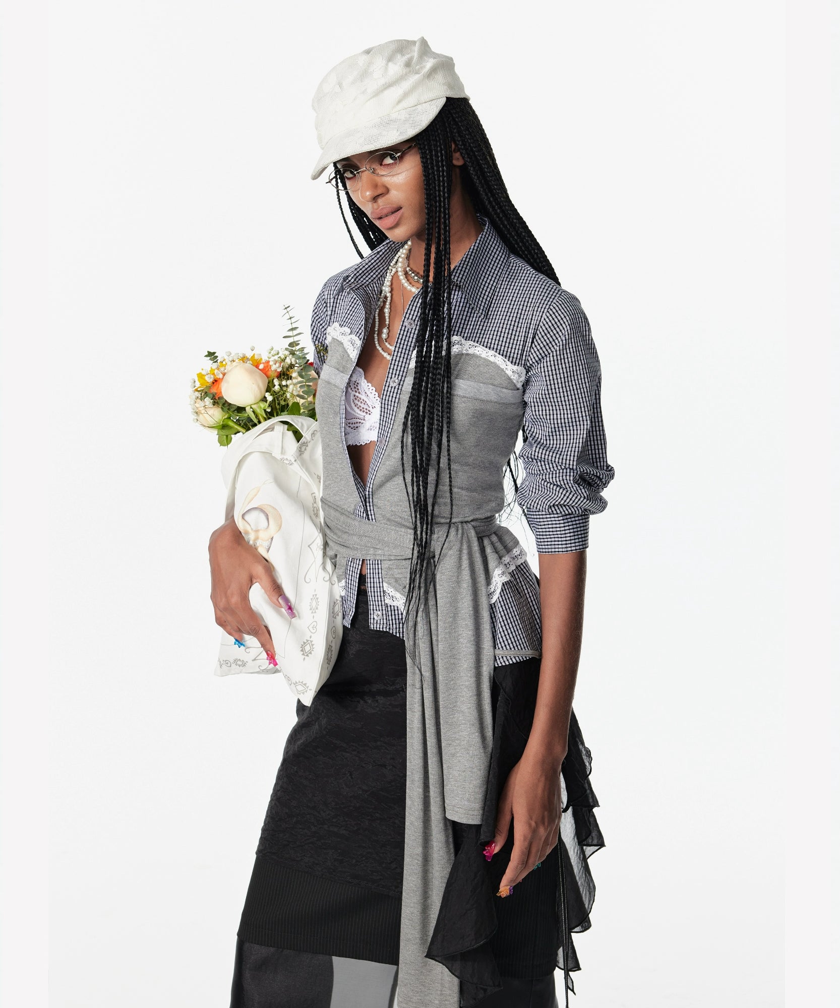 2th Desire美式复古蕾丝格纹拼接高智感两穿针织绑带条纹长袖衬衫