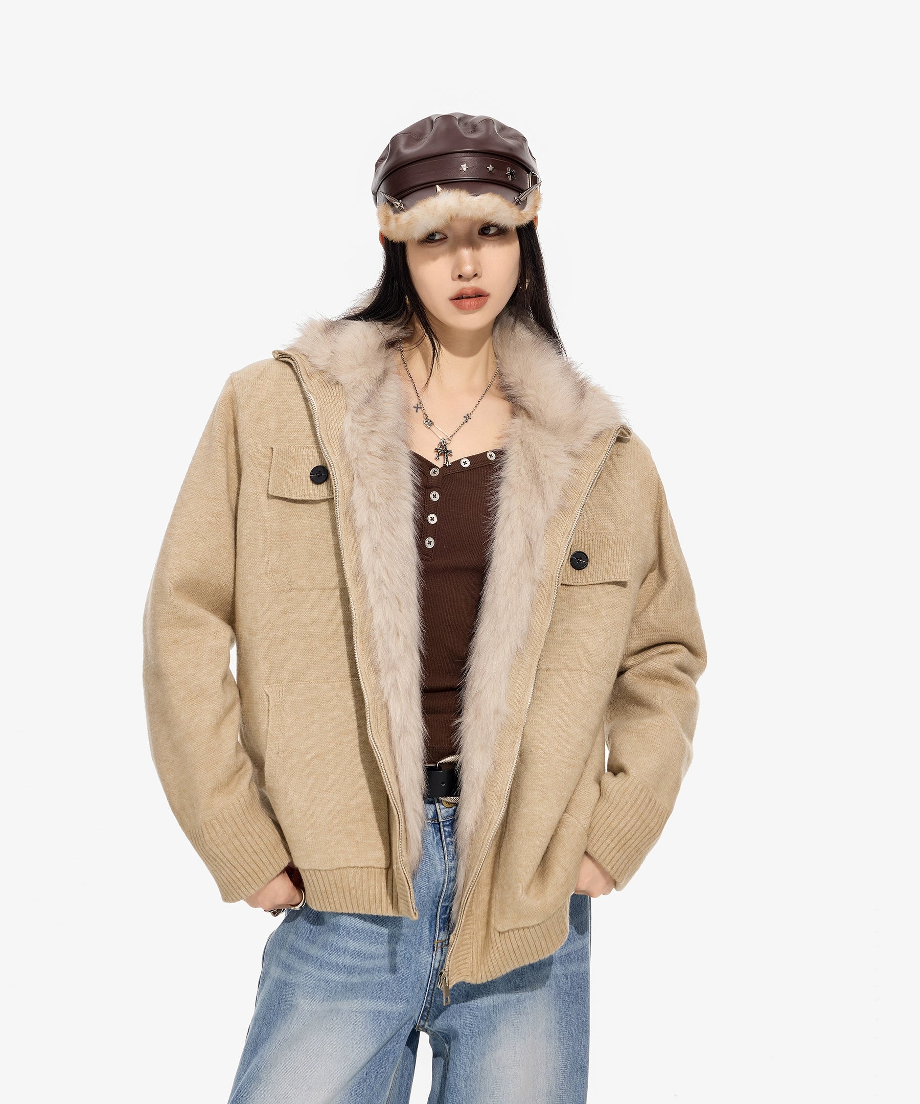 ICH MODE 美式内胆加绒毛针织开衫女秋冬季高领毛衣外套2025新款