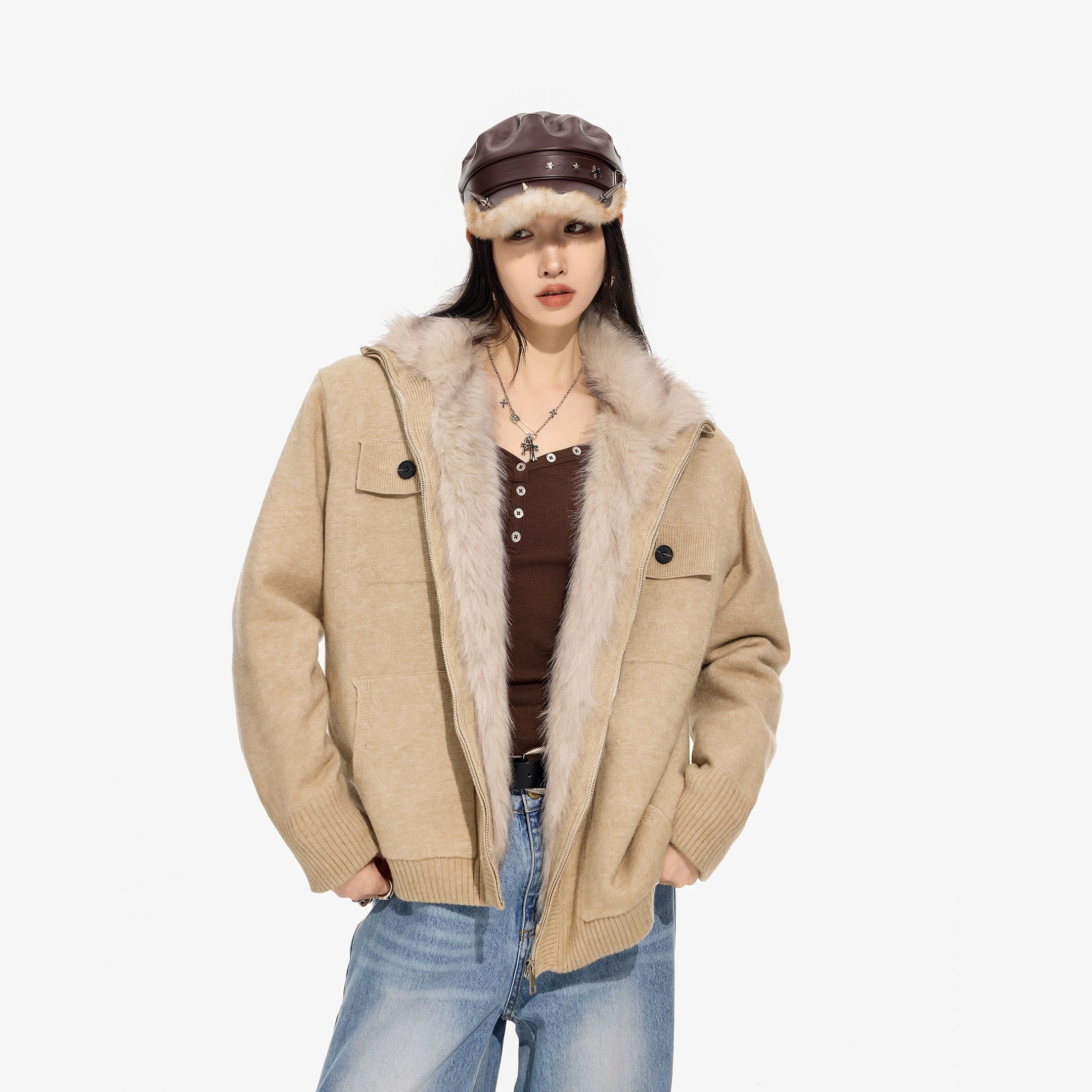 ICH MODE 美式内胆加绒毛针织开衫女秋冬季高领毛衣外套2025新款