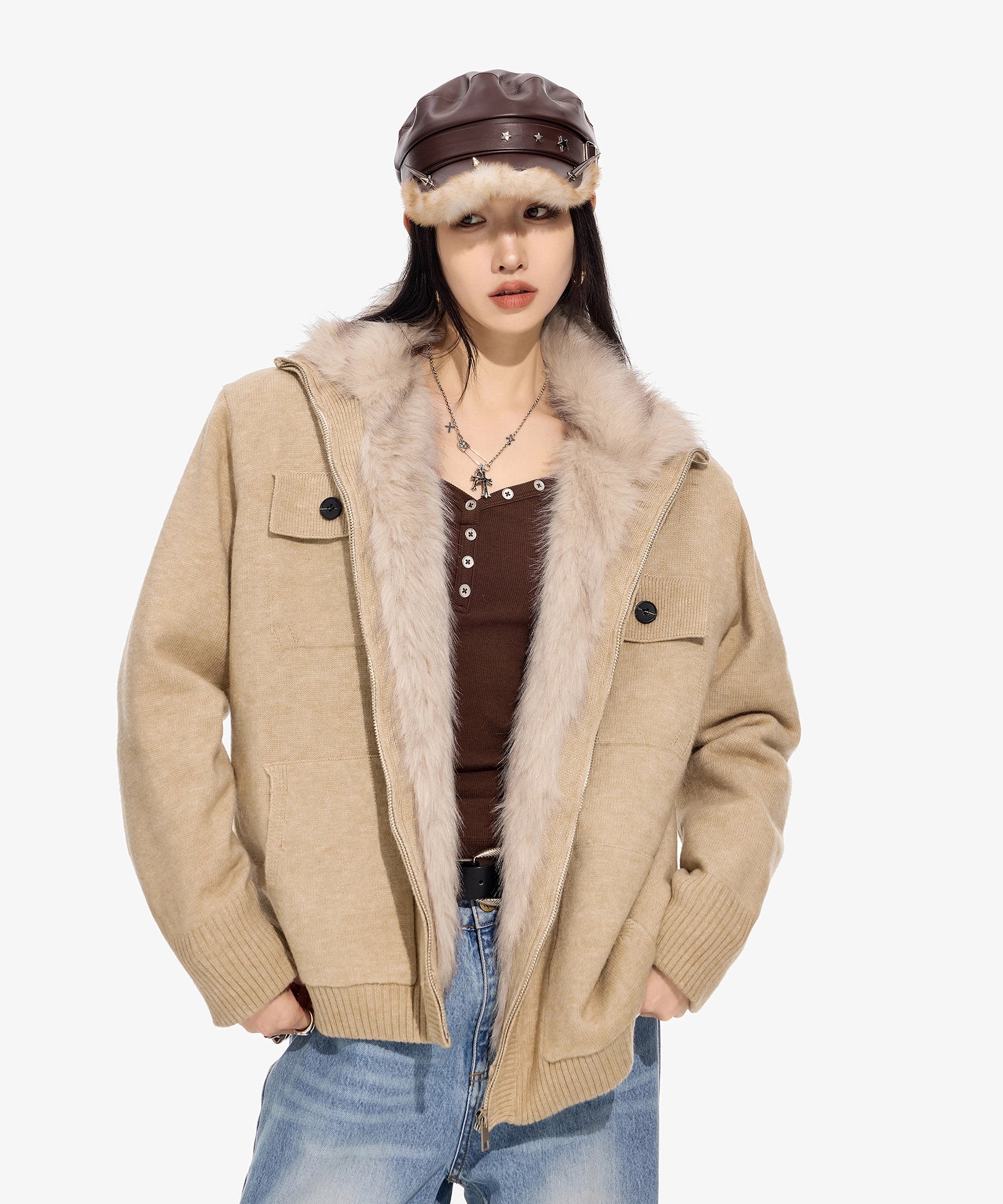 ICH MODE 美式内胆加绒毛针织开衫女秋冬季高领毛衣外套2025新款