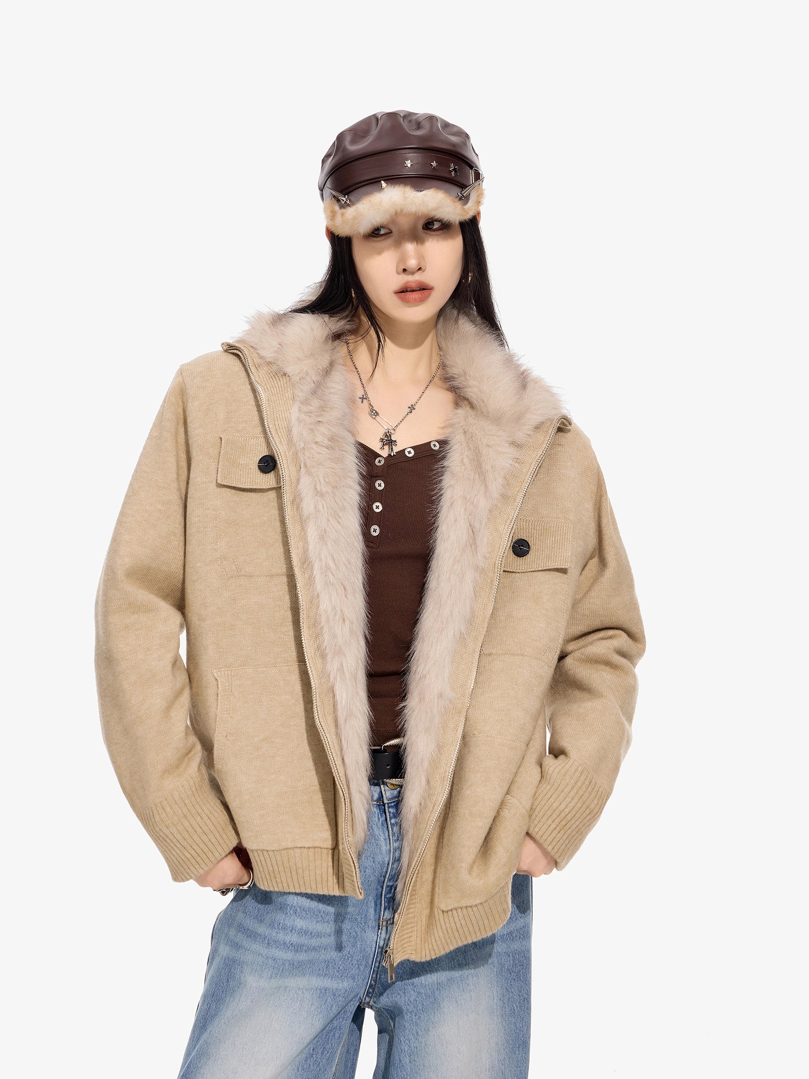 ICH MODE 美式内胆加绒毛针织开衫女秋冬季高领毛衣外套2025新款