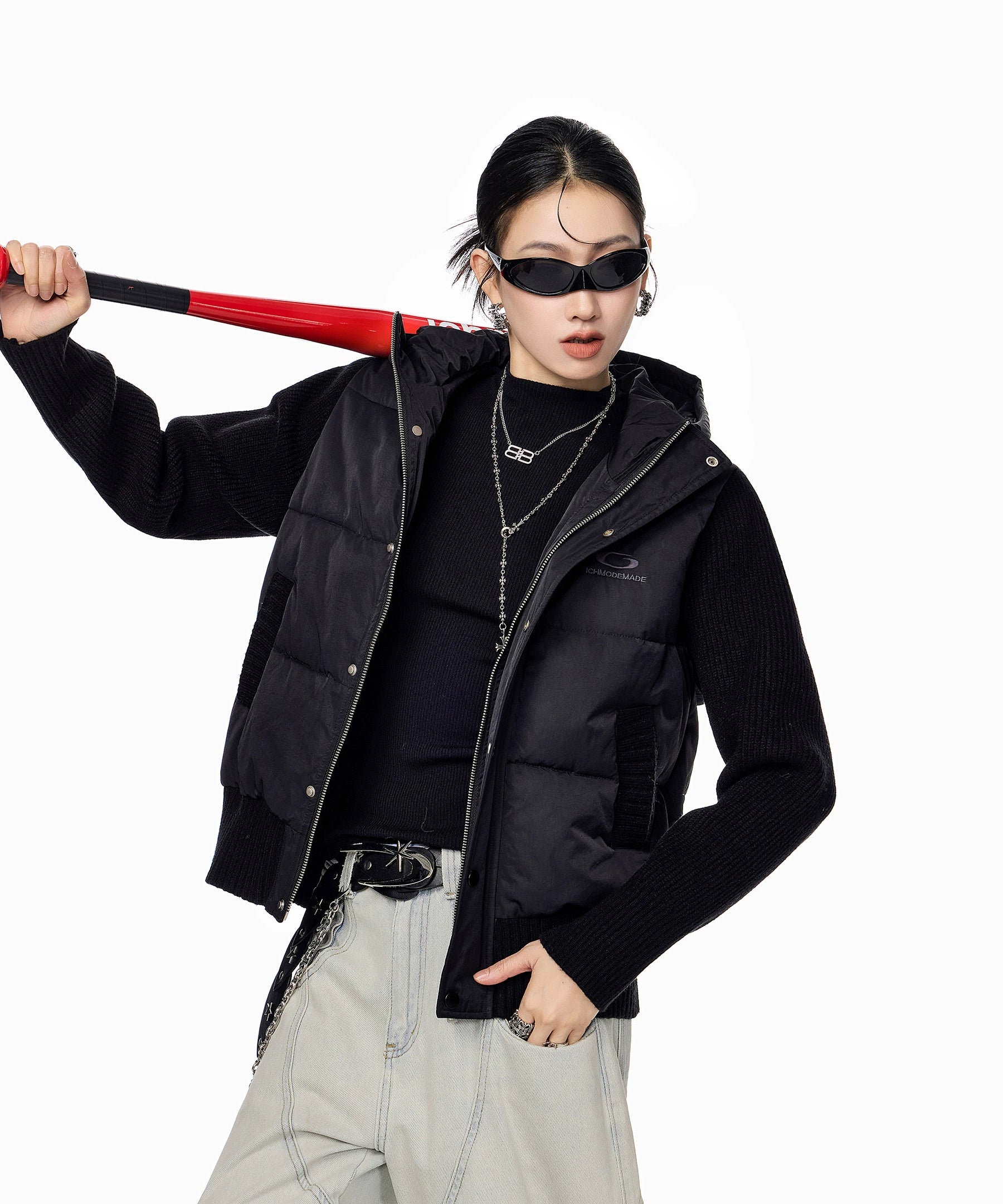 ICH MODE 美式复古假两件短款棉服外套女秋冬季修身连帽棉衣上衣