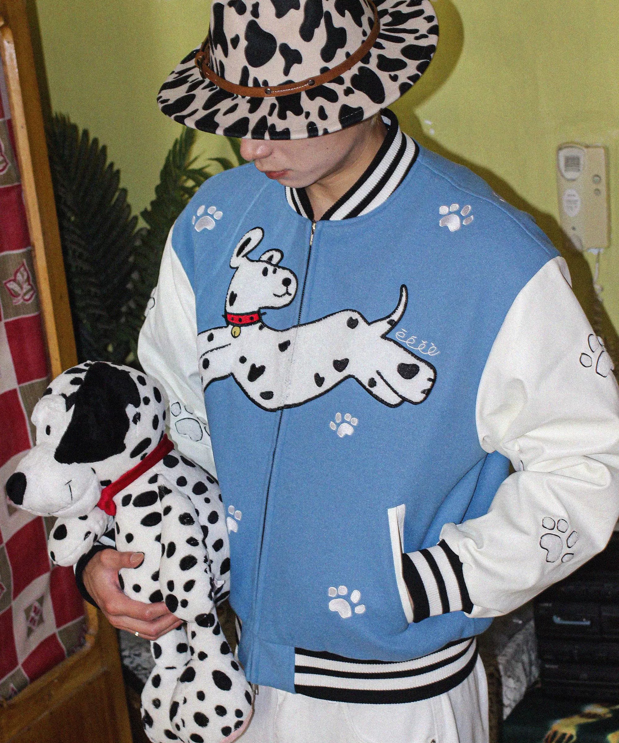 “逃跑小狗” | eeeeArtmonster24FW斑点狗蓝白棒球服棉外套夹克