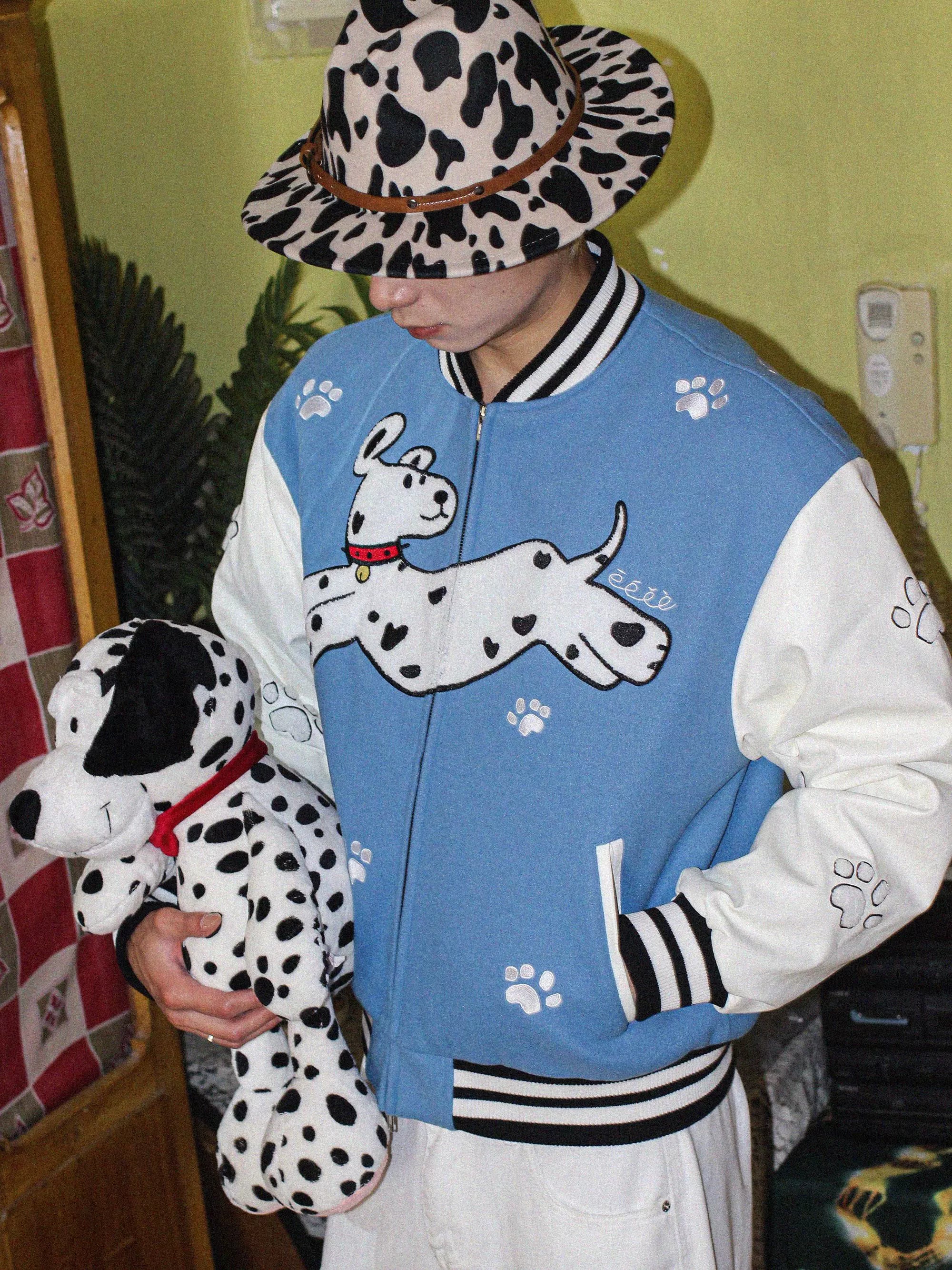 “逃跑小狗” | eeeeArtmonster24FW斑点狗蓝白棒球服棉外套夹克